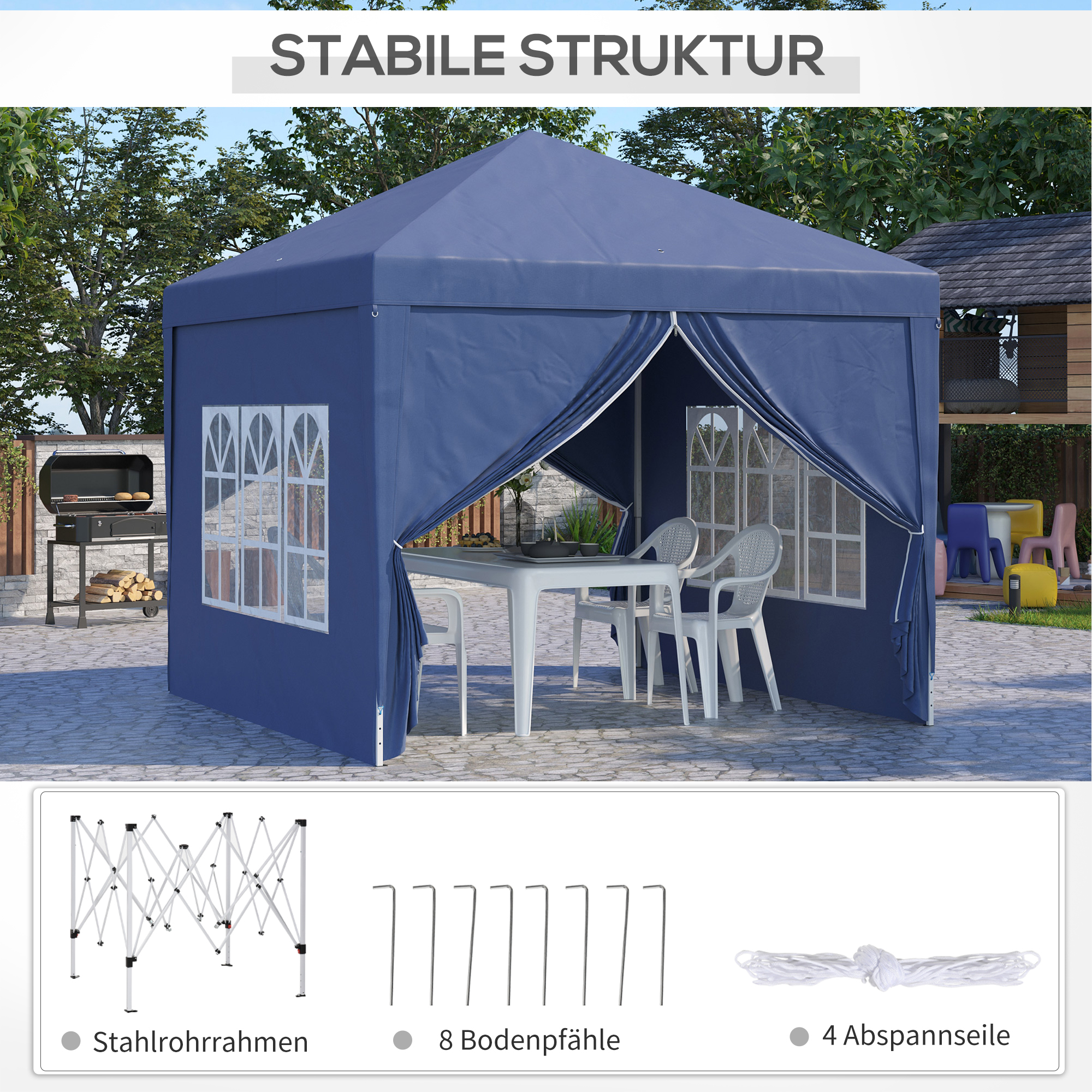 Outsunny Paviljoen, Partytent, 4 afneembare zijwanden, 2 ramen, metalen frame, 2,95 x 2,95 m, Blauw