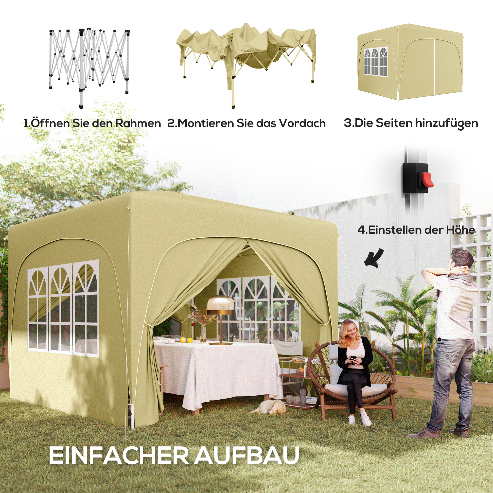 Outsunny 3 x 3 m Paviljoen, Pop-up Tuintent met Zijwanden en Draagtas, UPF50+, Hoogte Verstelbaar, Zand