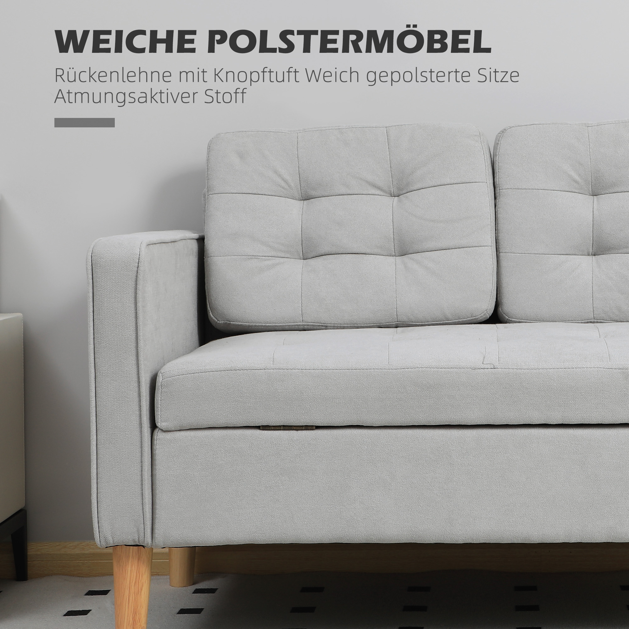 HOMCOM Tweezitsbank met Opbergruimte, Knopen Trekt, Kussens, Rubberhout, 117x62x78cm, Lichtgrijs