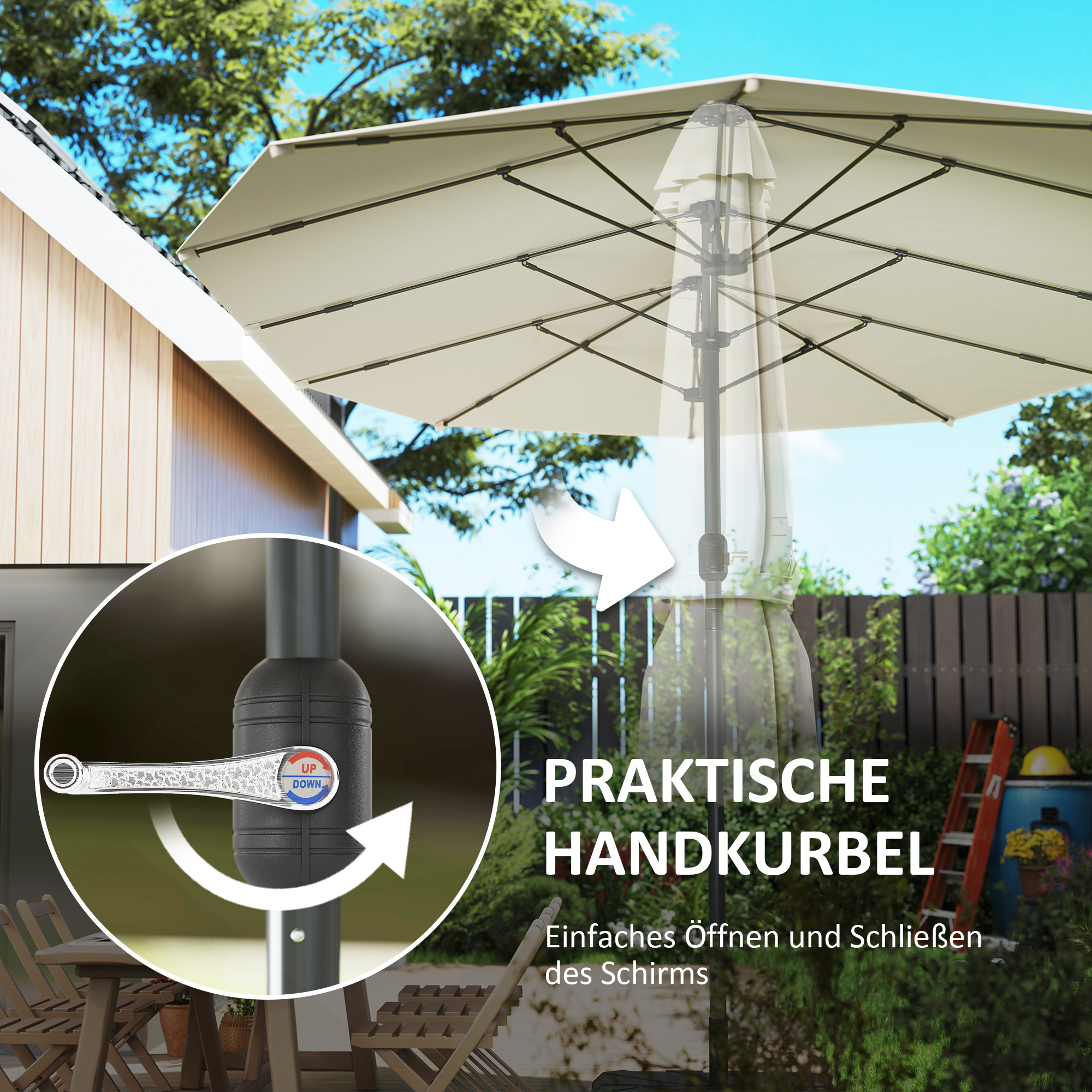 Outsunny Dubbelzijdige Parasol 436 x 260 cm met UV-bescherming en Handzwengel, Beige