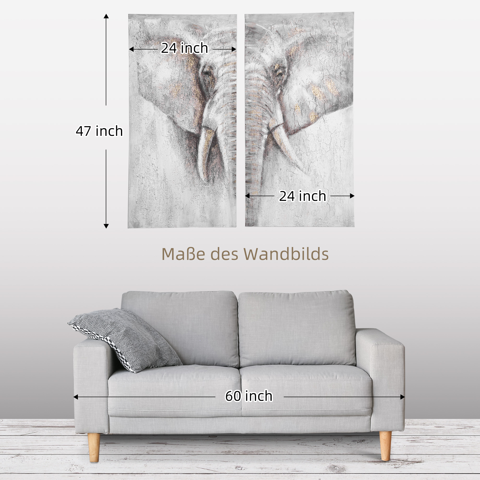 HOMCOM muurschilderingen, set van 2 stuks, wanddecoratie op canvas 'olifant' 120 x 120 x 2,8 cm