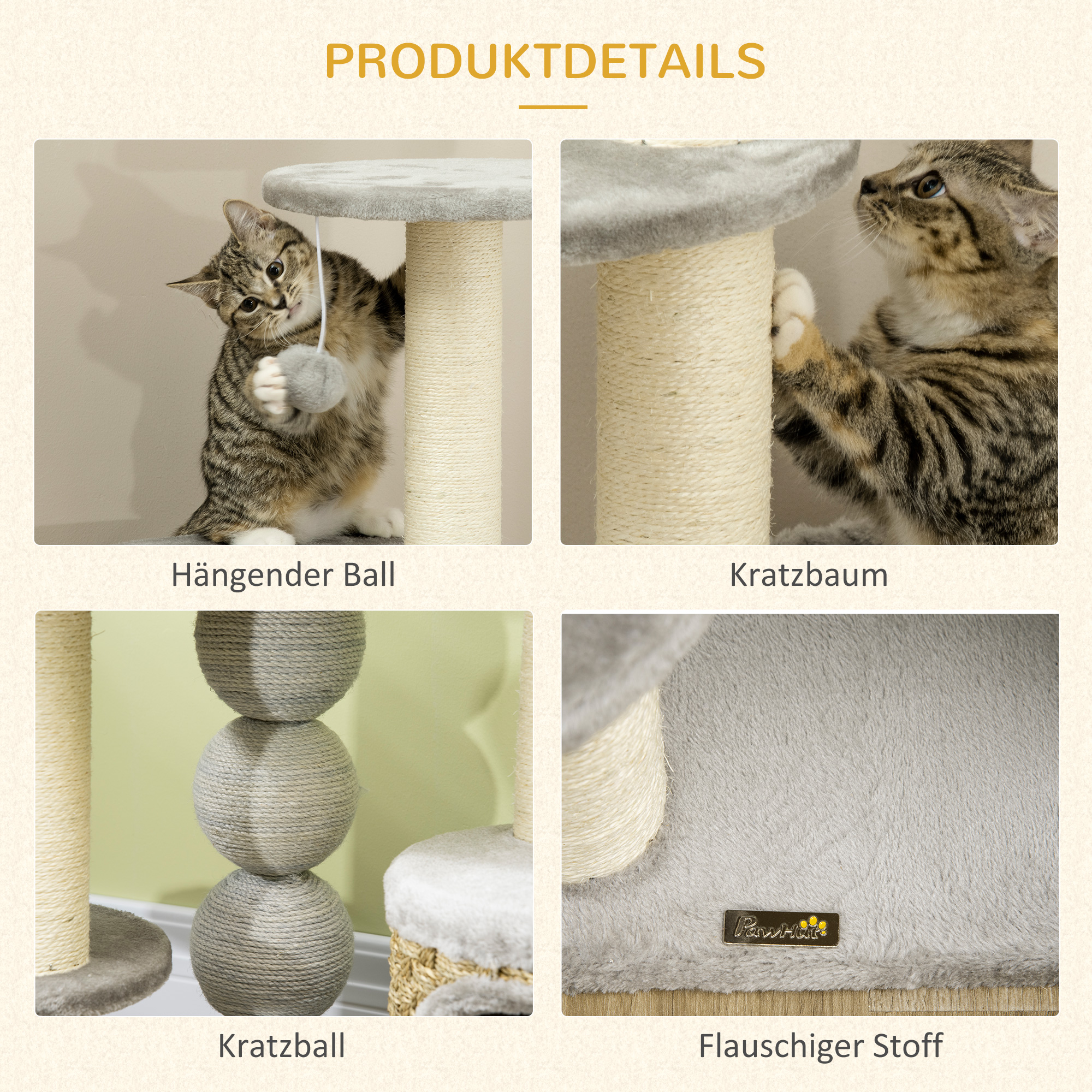 PawHut kattenboom met kattengrot, hangmat en 3 krabpalen 60 cm x 40 cm x 115,5 cm lichtgrijs