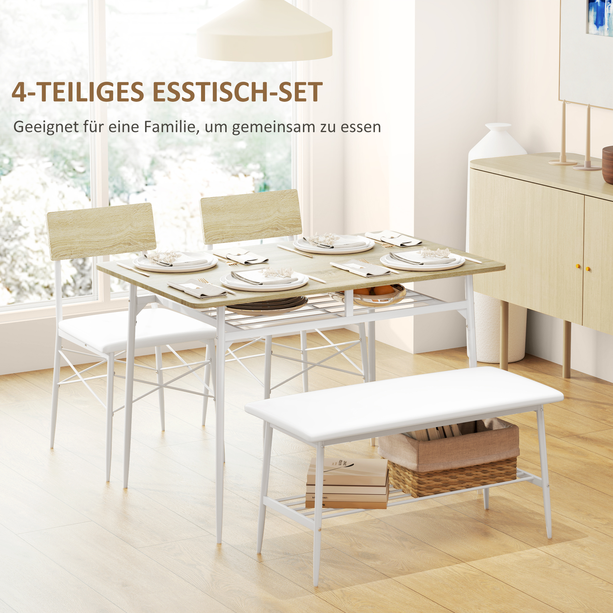HOMCOM 4-delige Eettafelset met Stoelen en Bank voor 4 Personen, Gepolsterde Zittingen, Staalframe, Hout, Wit