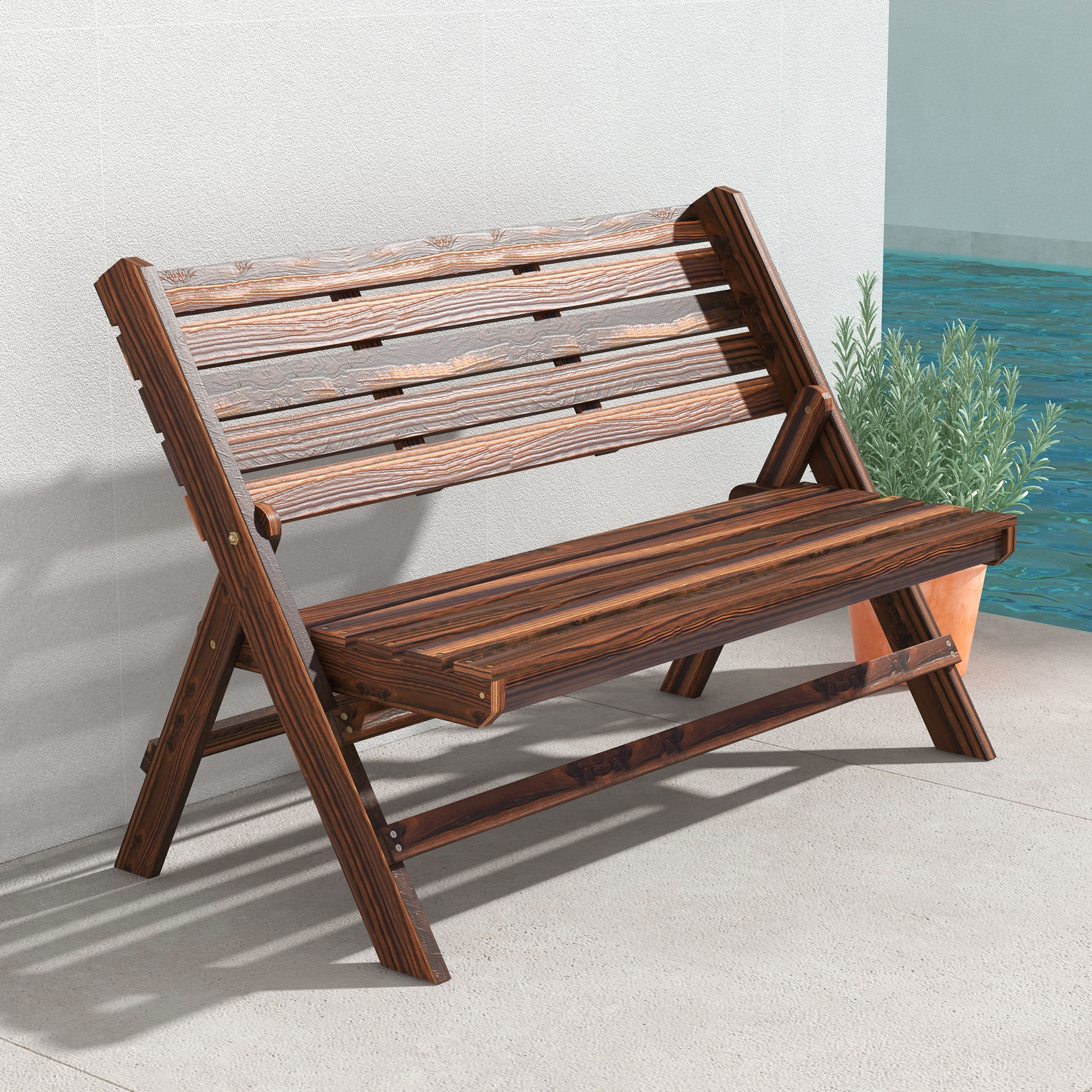 Outsunny Tuinbank voor 2 personen, rustiek ontwerp, inklapbaar, natuurlijk hout, 122 x 63 x 83 cm, gebrande afwerking