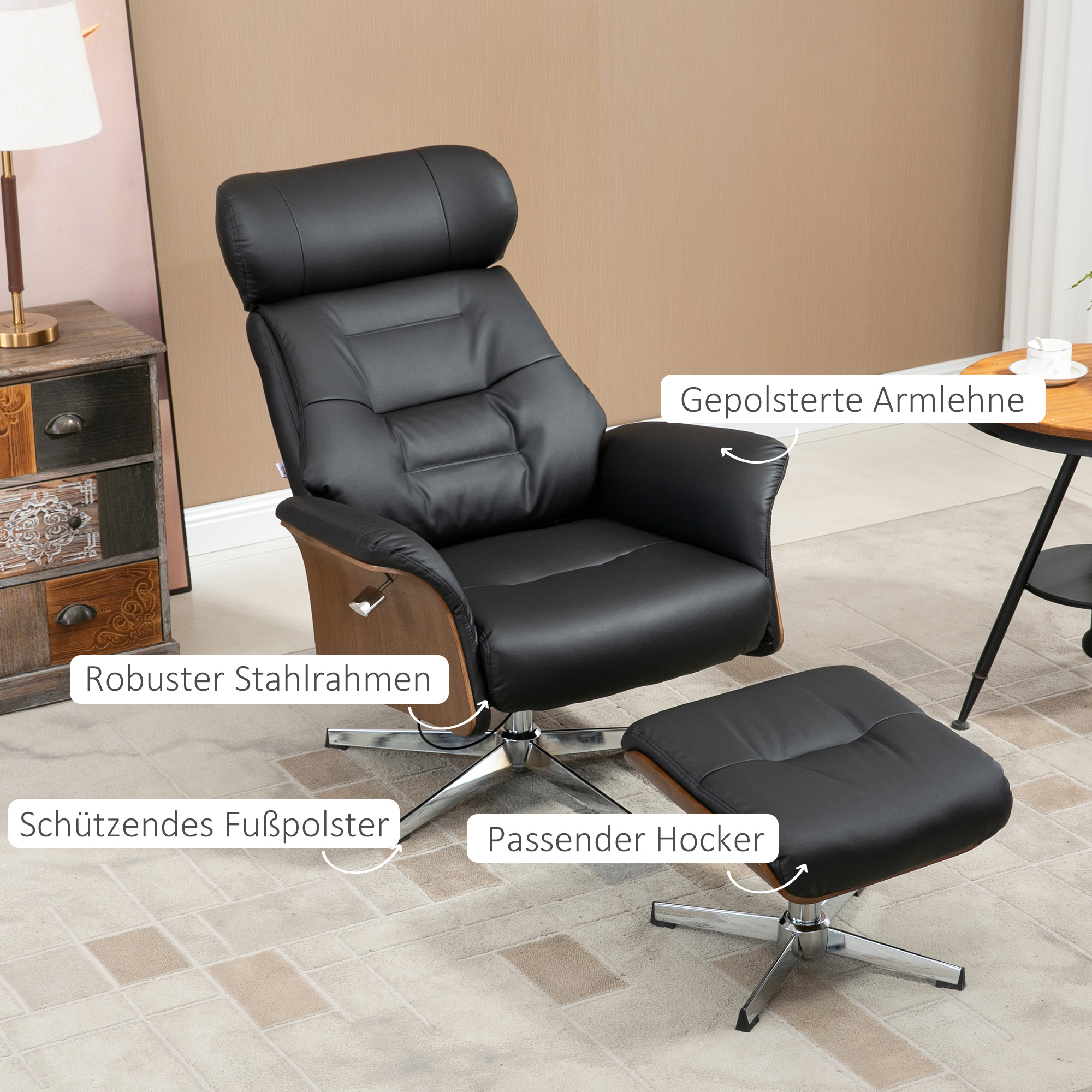 HOMCOM Fauteuil met voetenbank, 360° draaibaar, ligfunctie, leesstoel, zwart, 80 x 84 x 108 cm