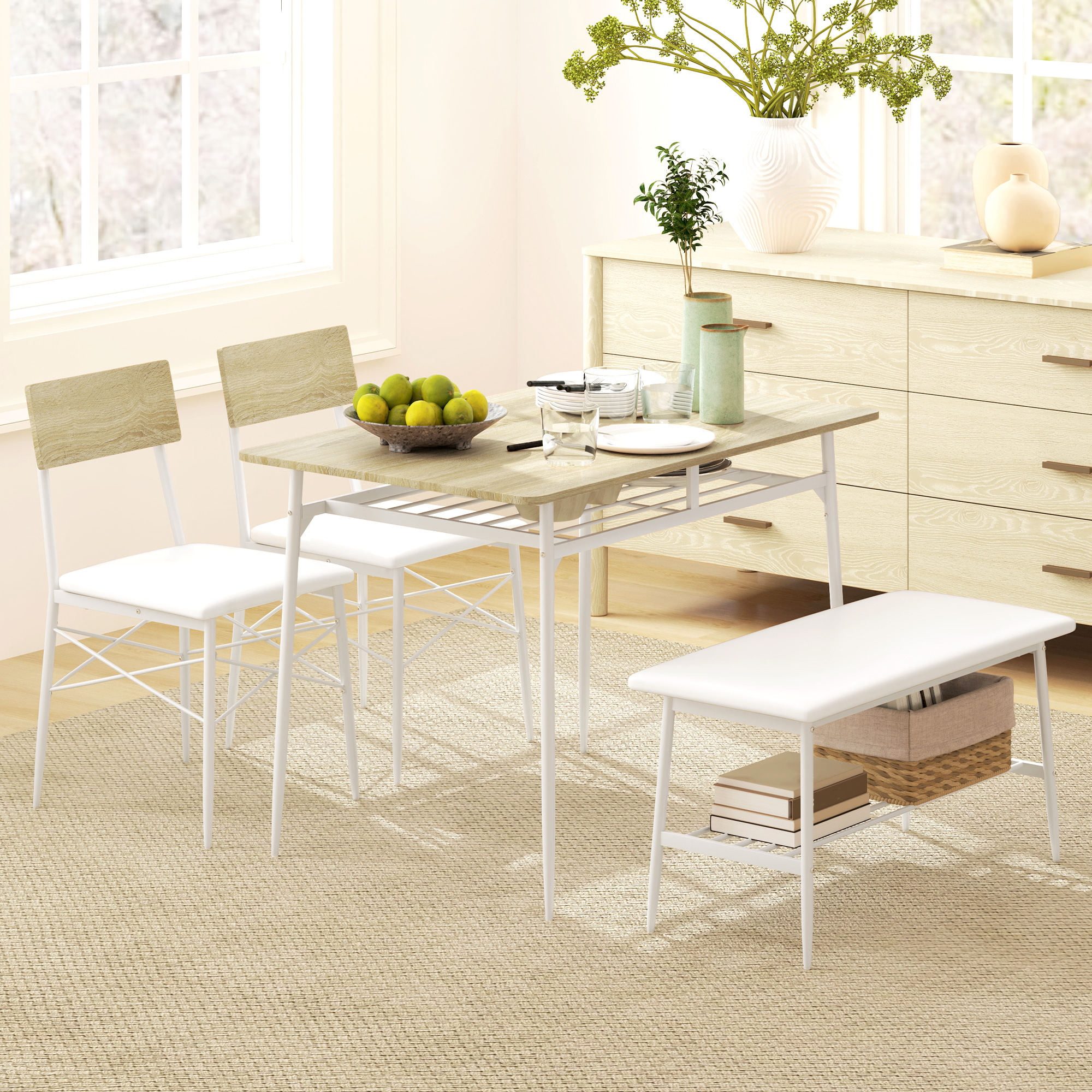 HOMCOM 4-delige Eettafelset met Stoelen en Bank voor 4 Personen, Gepolsterde Zittingen, Staalframe, Hout, Wit