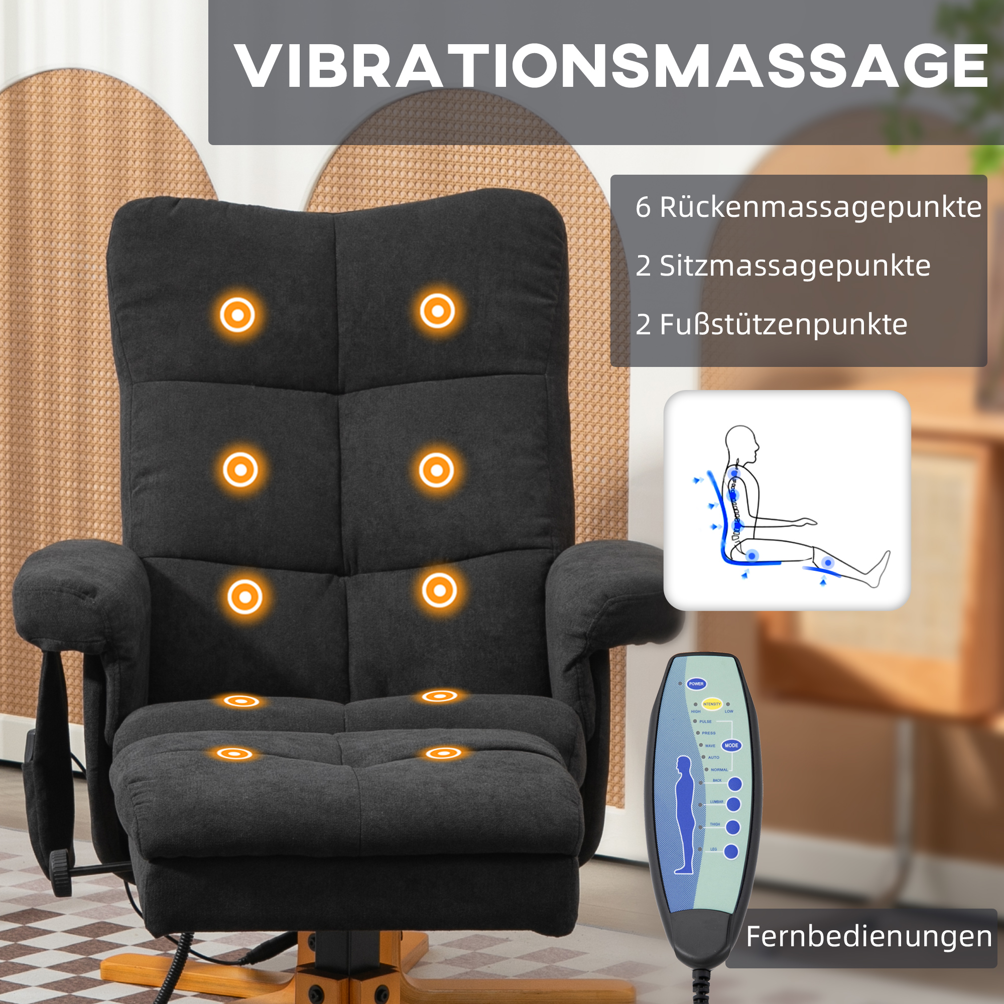HOMCOM Massagestoel met Ligfunctie en Voetenbankje, 145° Kanteling, Polyester, 80 x 86 x 99 cm, Zwart
