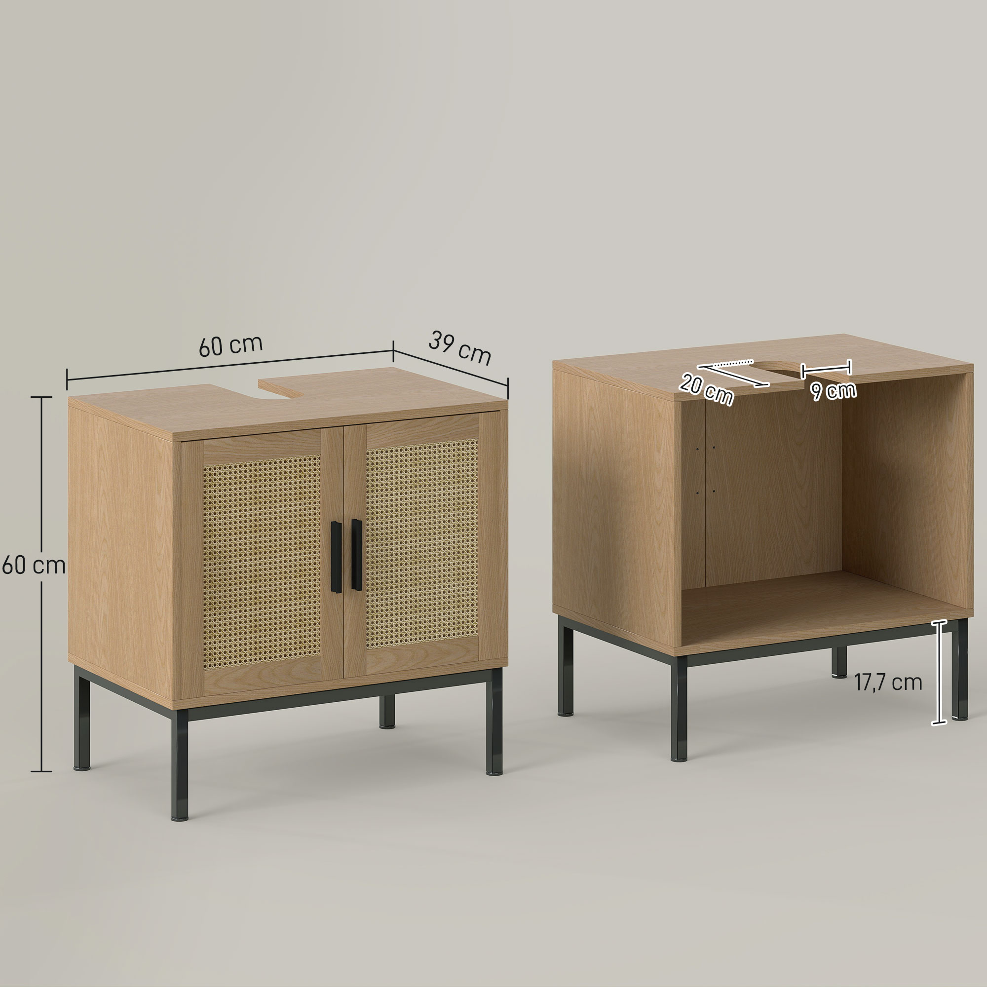 kleankin Badkameronderkast in Boho-ontwerp, Badkamerkast met Rieten Elementen, met U-vormige Uitsparing, Eiken