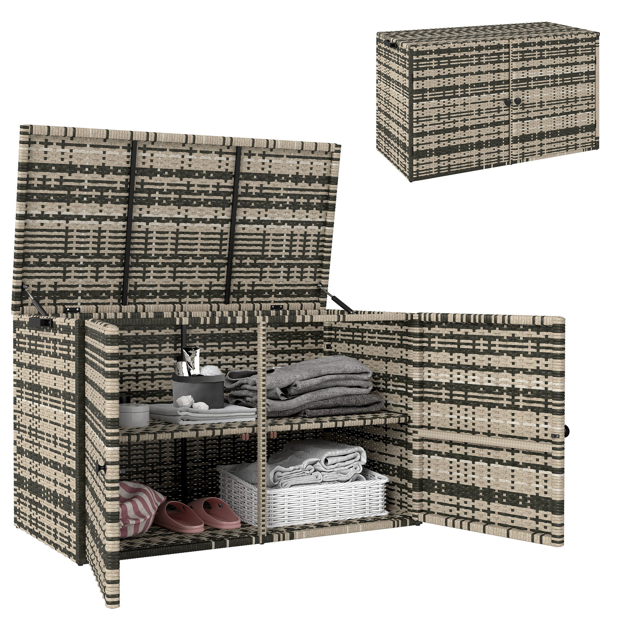 Outsunny Rattan Opbergbox 350L Tweelaags Kussenbox met Deksel Hefstangen Handgrepen 118 x 57 x 69 cm Gemengd Grijs