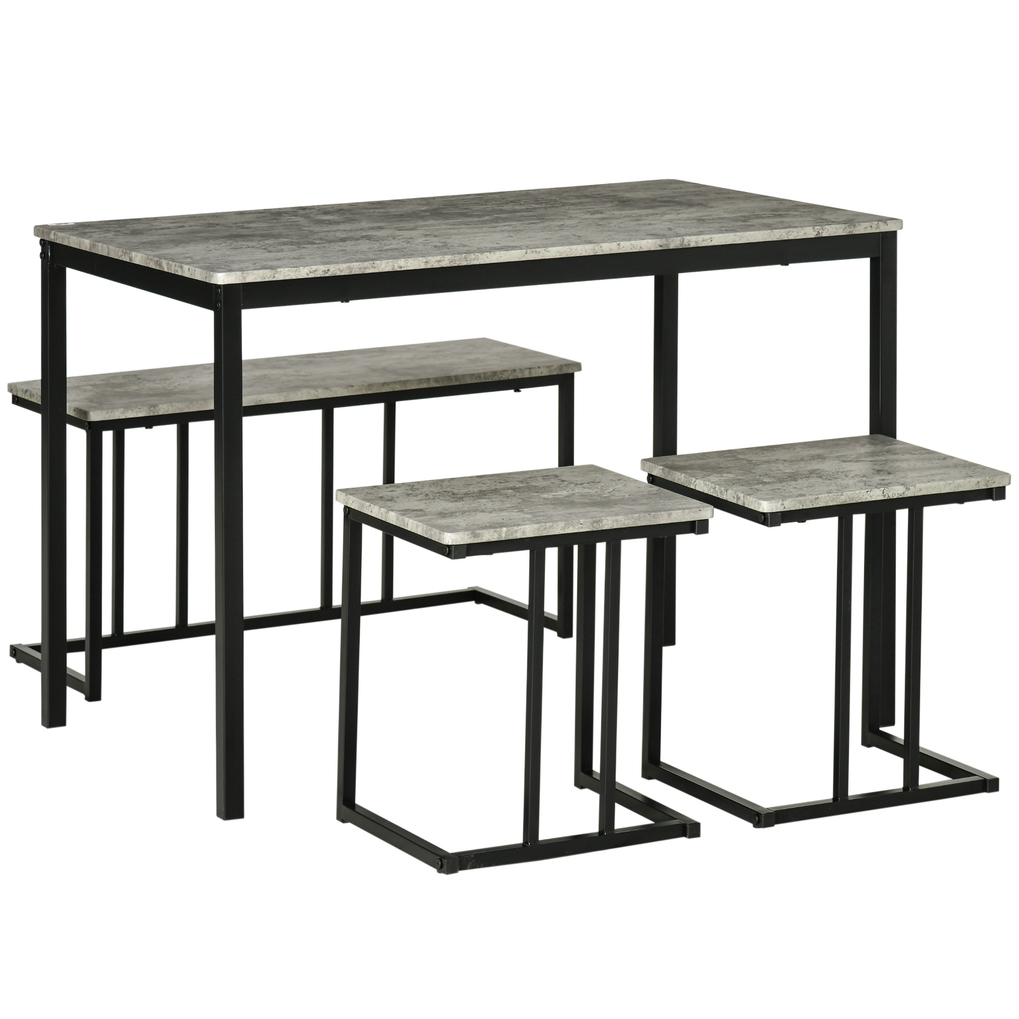 HOMCOM Eetset, 4-delig, Tafel, 2 Krukken en Bank, Compact, Metalen Frame, Grijs