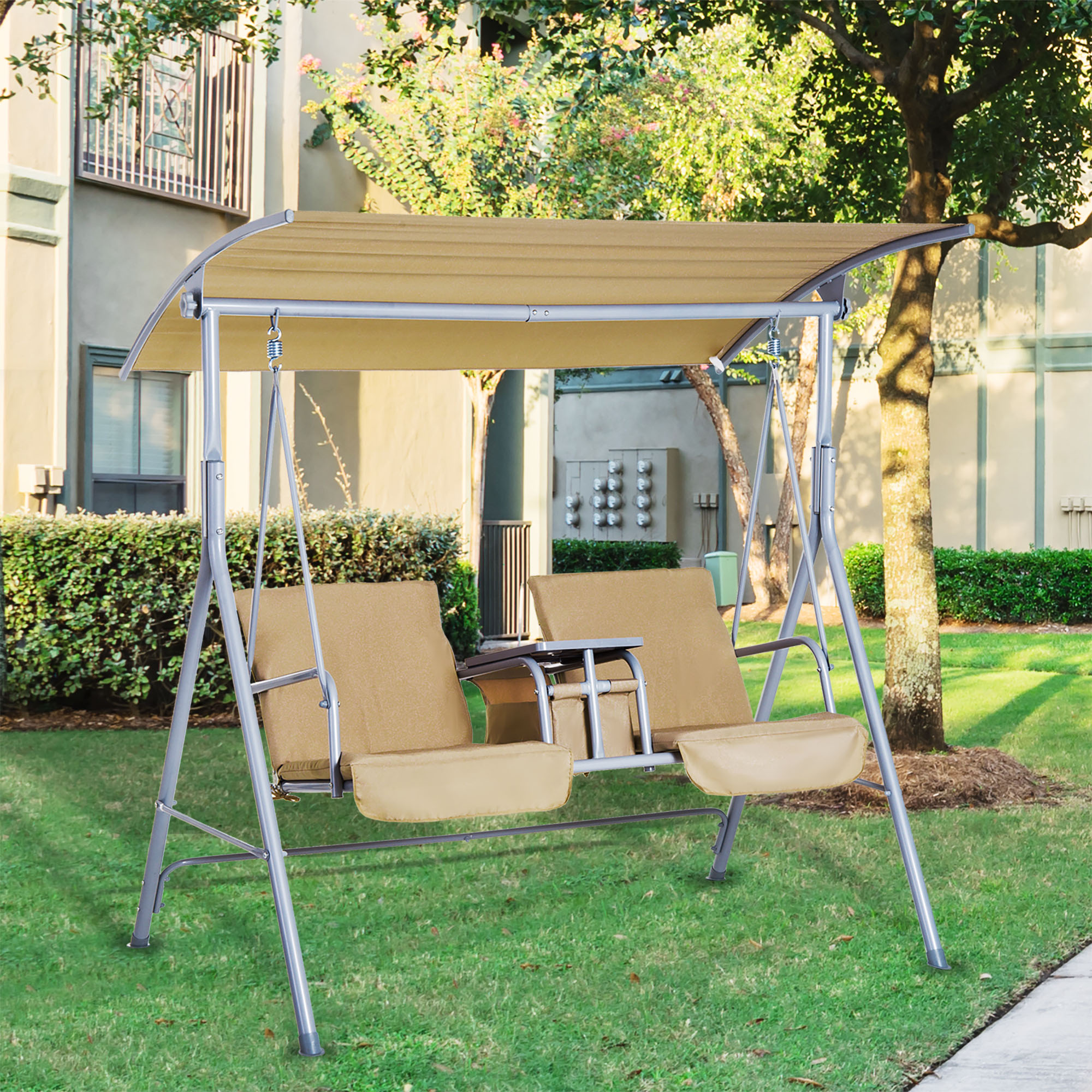 Outsunny Hollywoodschommel 2-zits tuinschommel schommel met zonnekap beige/grijs