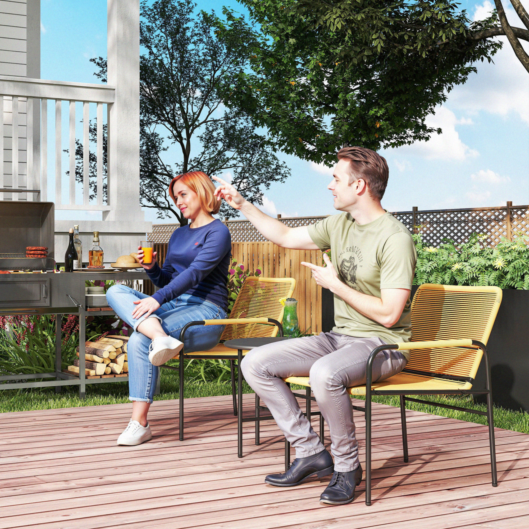 Outsunny 3-delig Rattan Bistroset, Zitgroep, Tuinset met 2 Tuinstoelen, Salontafel 54 x 66 x 76 cm Geel