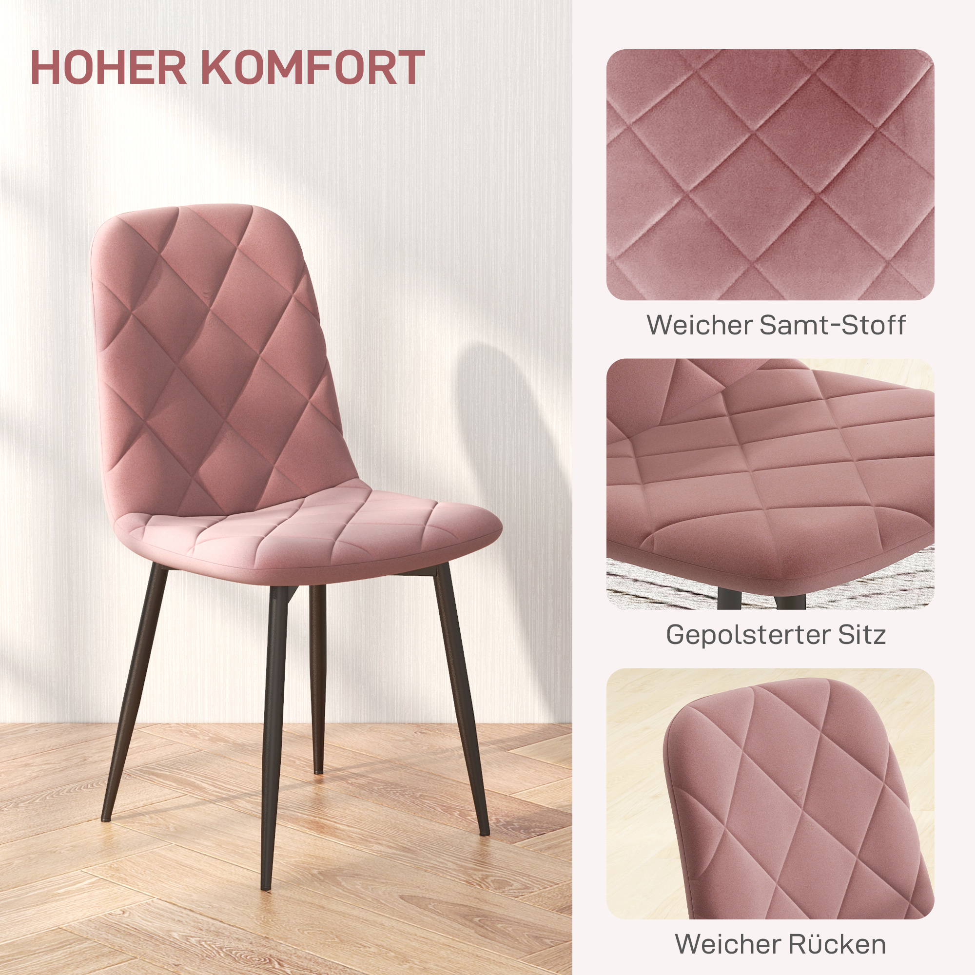 HOMCOM 4-delige Set Eetkamerstoelen in Fluwelen Look met Rugleuning, 45 x 54 x 87 cm, Roze