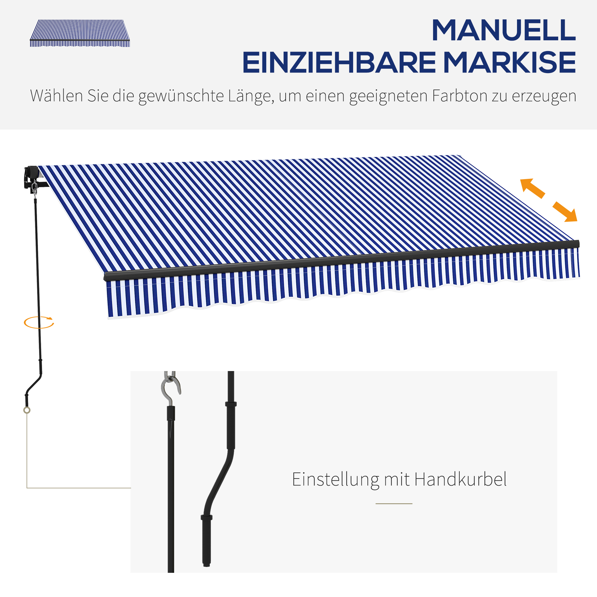 Outsunny Zonneluifel Luifel voor Terras, incl. Handkruk, weerbestendig, 247 cm x 295 cm, Blauw + Wit