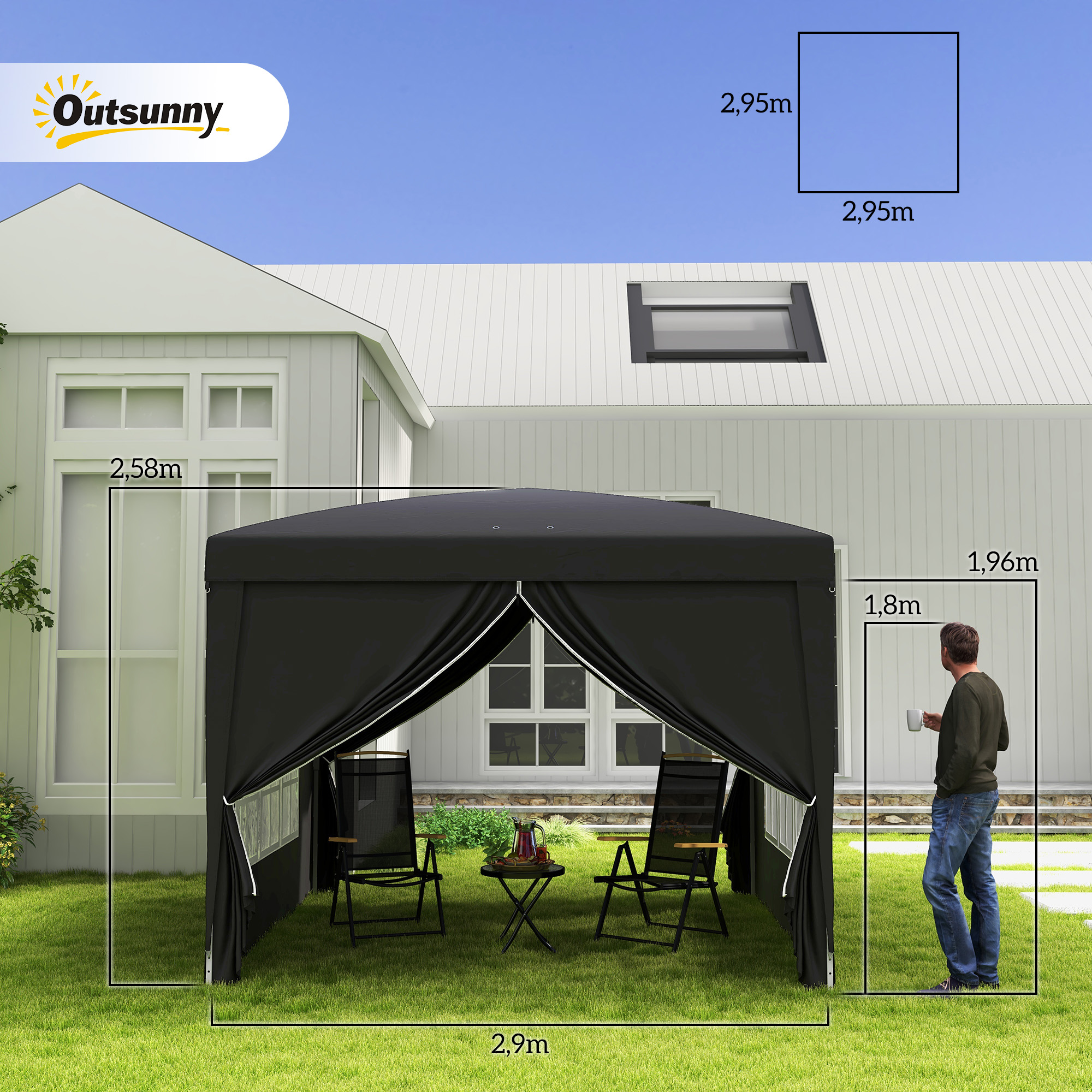 Outsunny 3 x 3 m Paviljoen met 4 Zijwanden, Ramen, Feesttent met UV-Bescherming, Tuinpaviljoen incl. Draagtas, Staal, Zwart