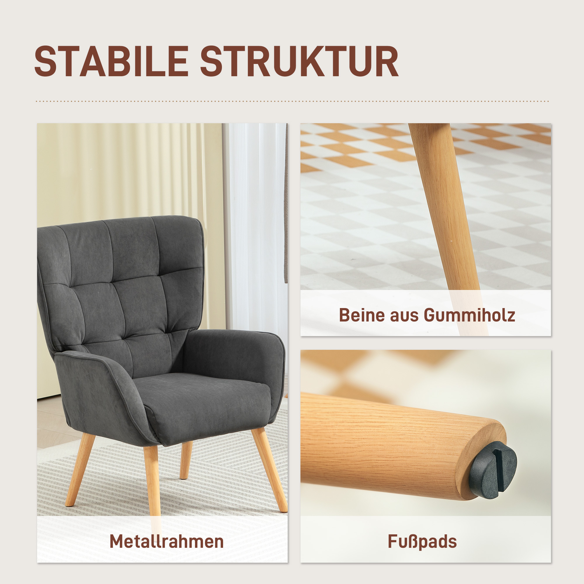 HOMCOM Polstoel, Woonkamerstoel met Stiksel, Zachte Bekleding in Fluweeloptiek, tot 120 kg, Grijs