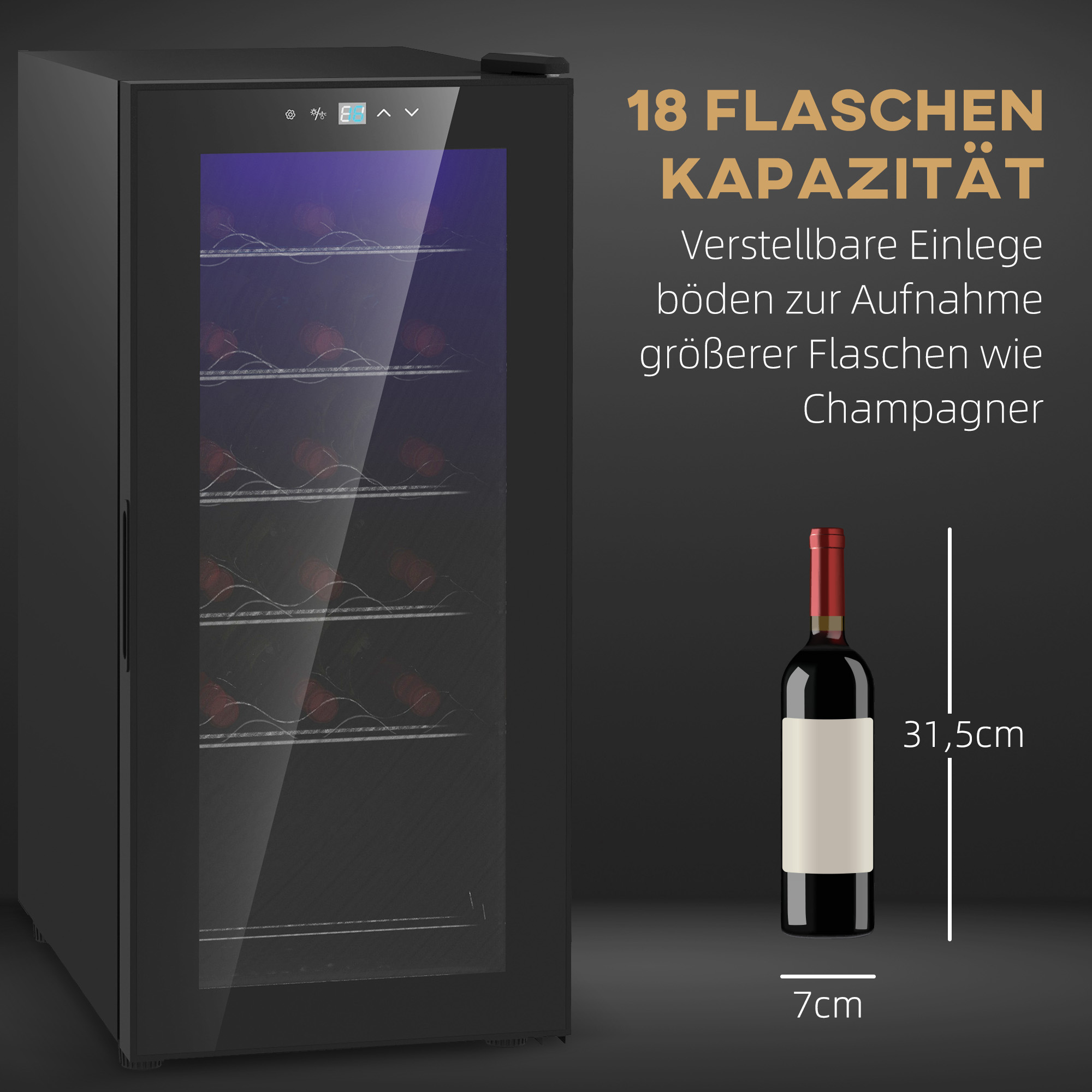 HOMCOM Wijnkoelkast, Stil, 5-18°C, Touchscreen, Verlichting, 34,5x45x78cm, Zwart
