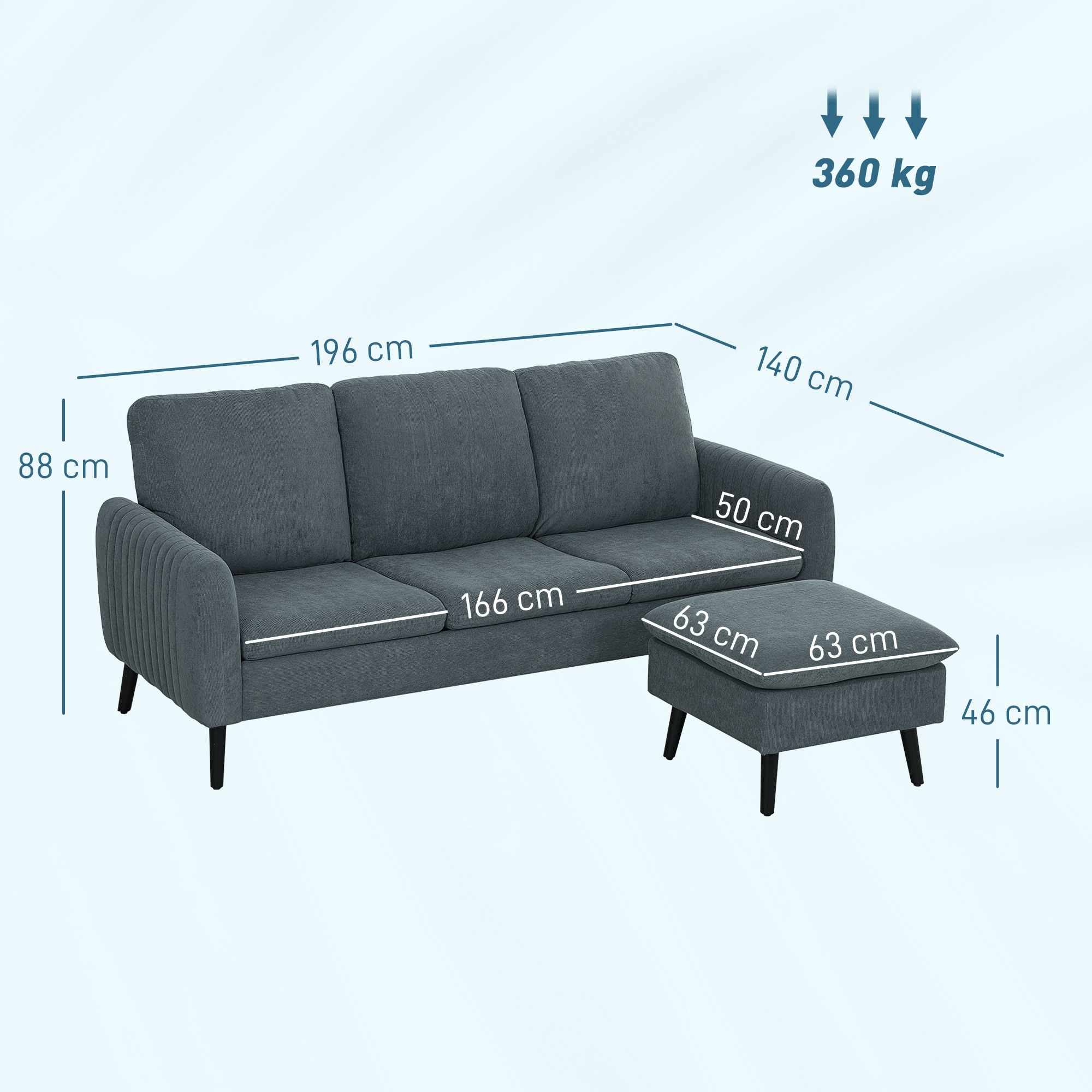 HOMCOM Hoekbank, 3-zitsbank met Voetenbank, Stoffen Bekleding, L-vormige Bankset, Donkergrijs