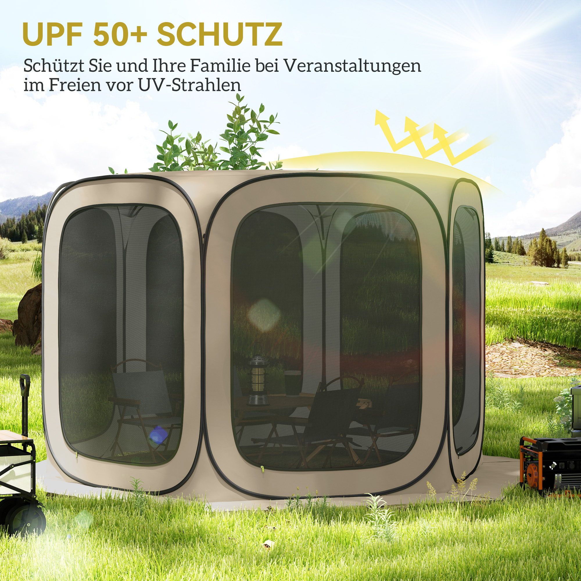 Outsunny Pop-up Campingtent, Draagbaar, UPF50+ Bescherming, Mesh-Zijden, Staaldraad, Khaki