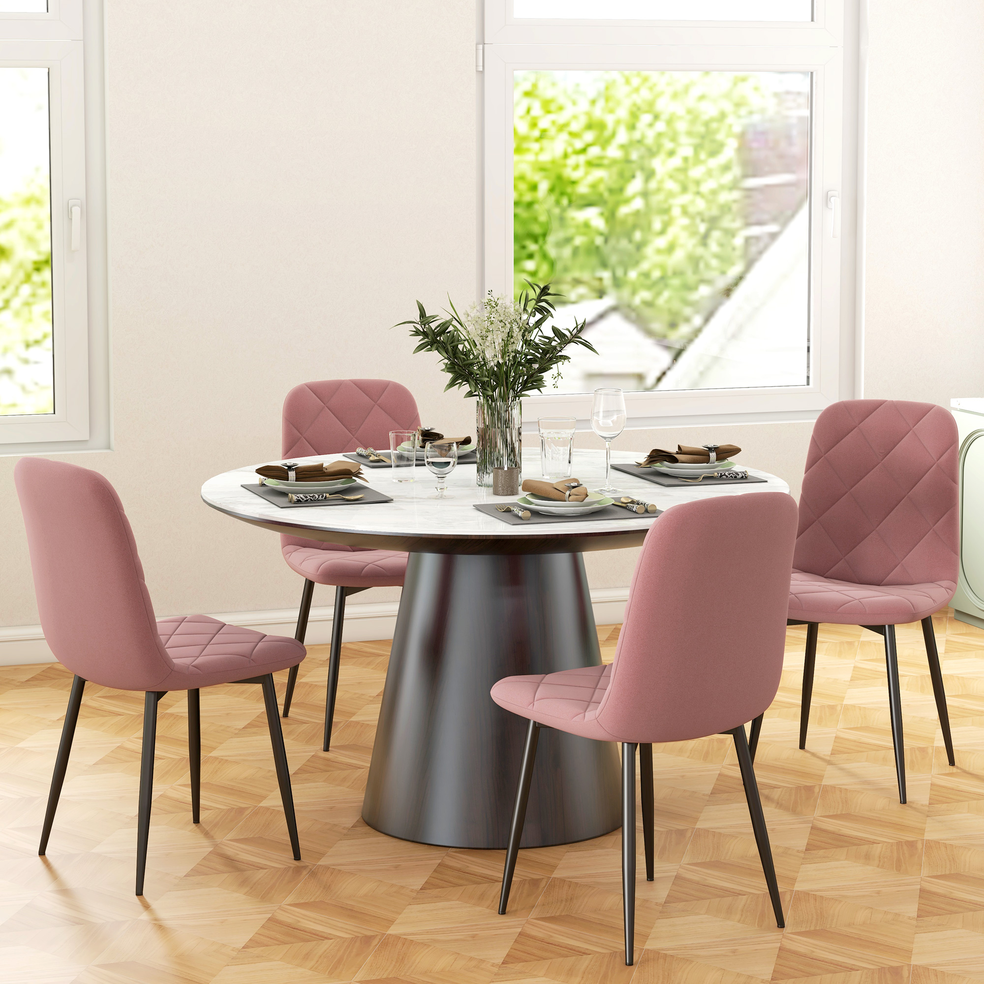 HOMCOM 4-delige Set Eetkamerstoelen in Fluwelen Look met Rugleuning, 45 x 54 x 87 cm, Roze