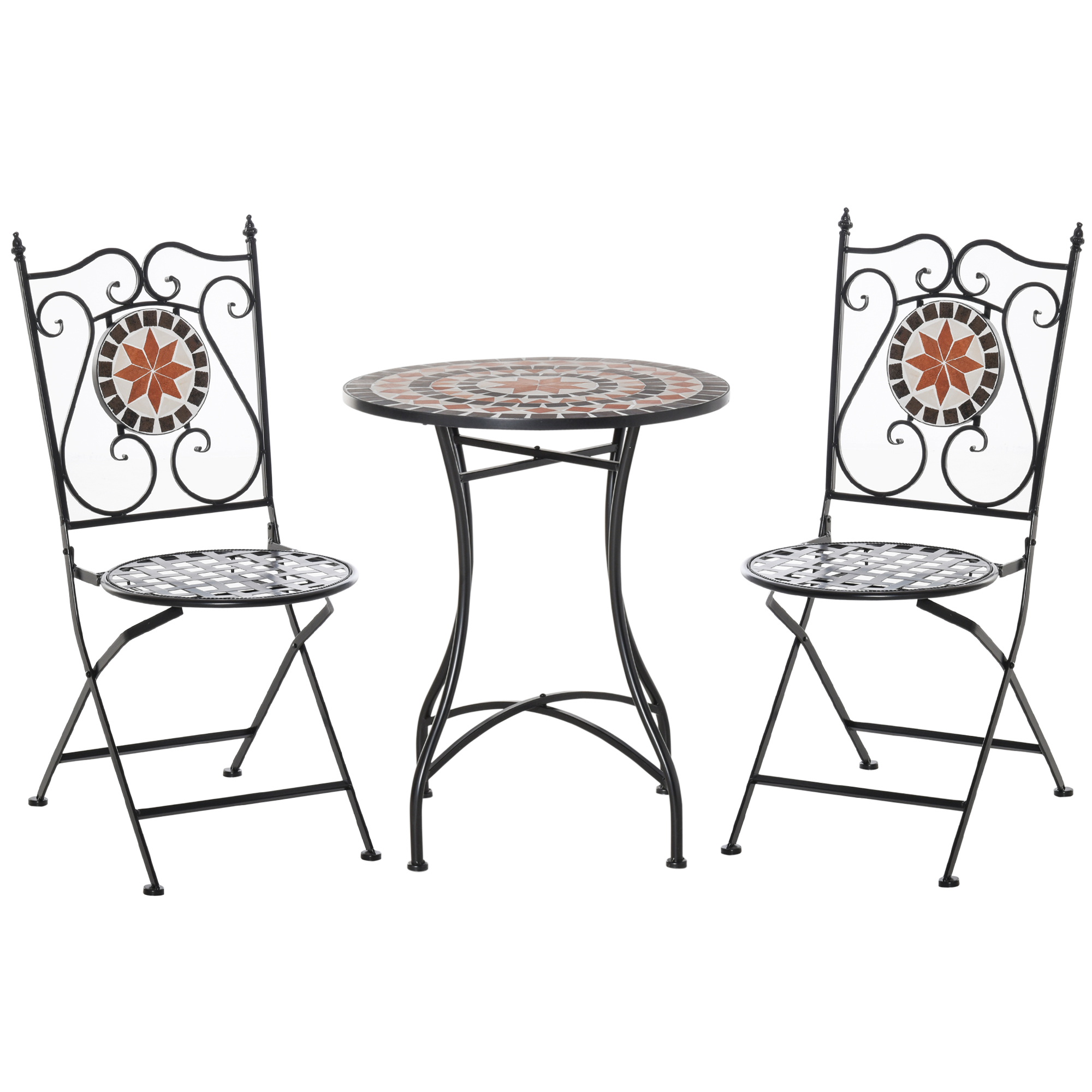 Zitgroep voor in de tuin 3-delige mozaïektafel + 2 opklapbare metalen stoelen