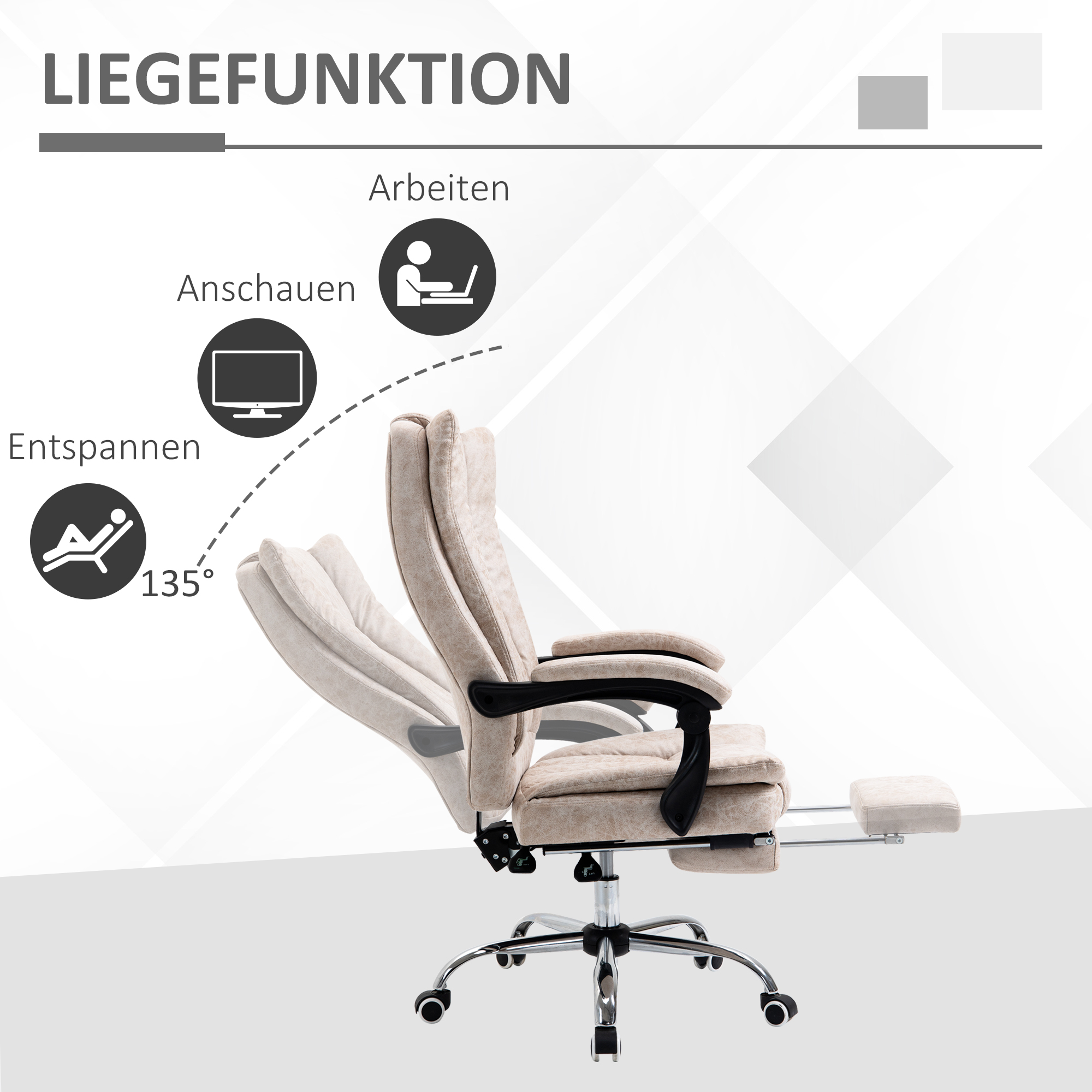 Vinsetto kantoorstoel draaistoel met ligfunctie voetensteun bureaustoel hoogteverstelling zitting stoel bureaustoel microvezel kunststof metaal nylon zwart + beige 63 x 71 x 118 cm
