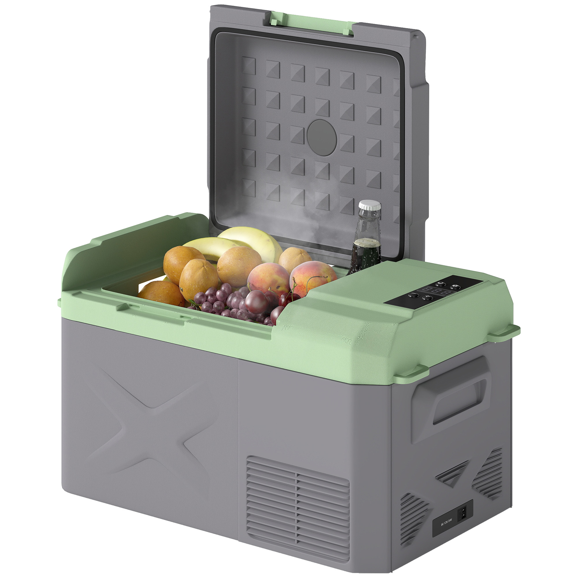 Outsunny 24,2 Liter Campingkoelkast, Autokoelkast, Koelbox met LED-Licht, AC- en DC-Adapters, Stille Werking, Grijs+Groen