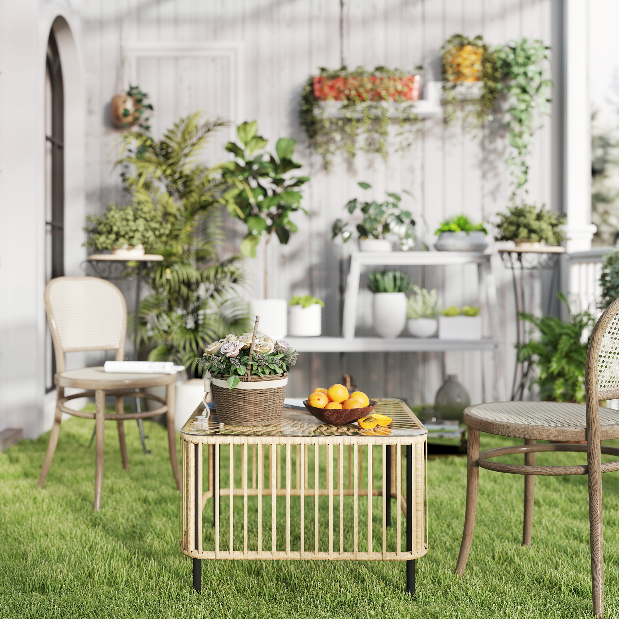 Outsunny Polyrattan Tuintafel, 65 x 65 x 43 cm, Weerbestendige Bijzettafel Vierkant met Glazen Plaat, Natuurlijk Hout