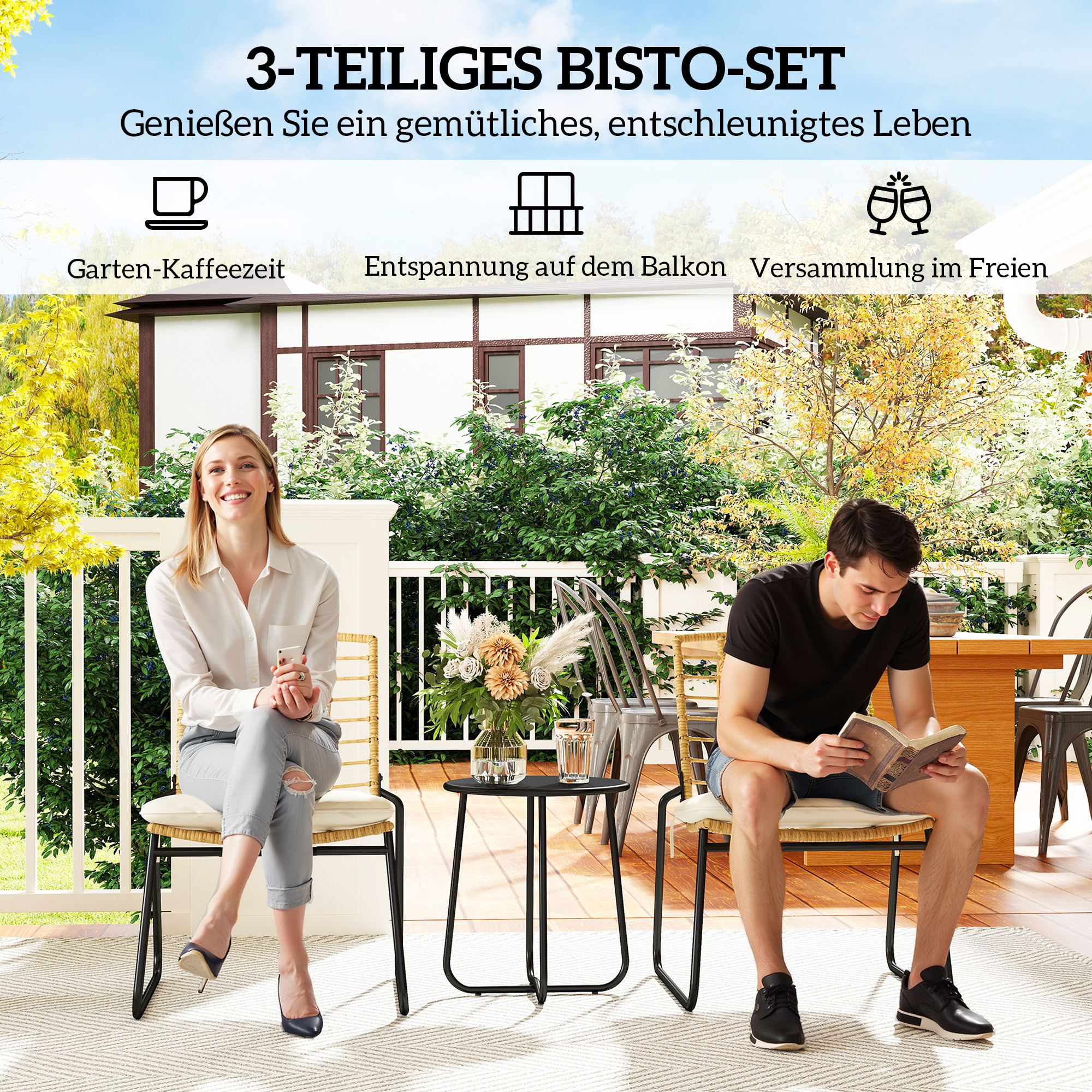 Outsunny 3-delig Tuinmeubelset, 2 Rattan Stoelen, 1 Tafel met Metalen Blad, Zitkussens, Bistroset, Beige & Bruin