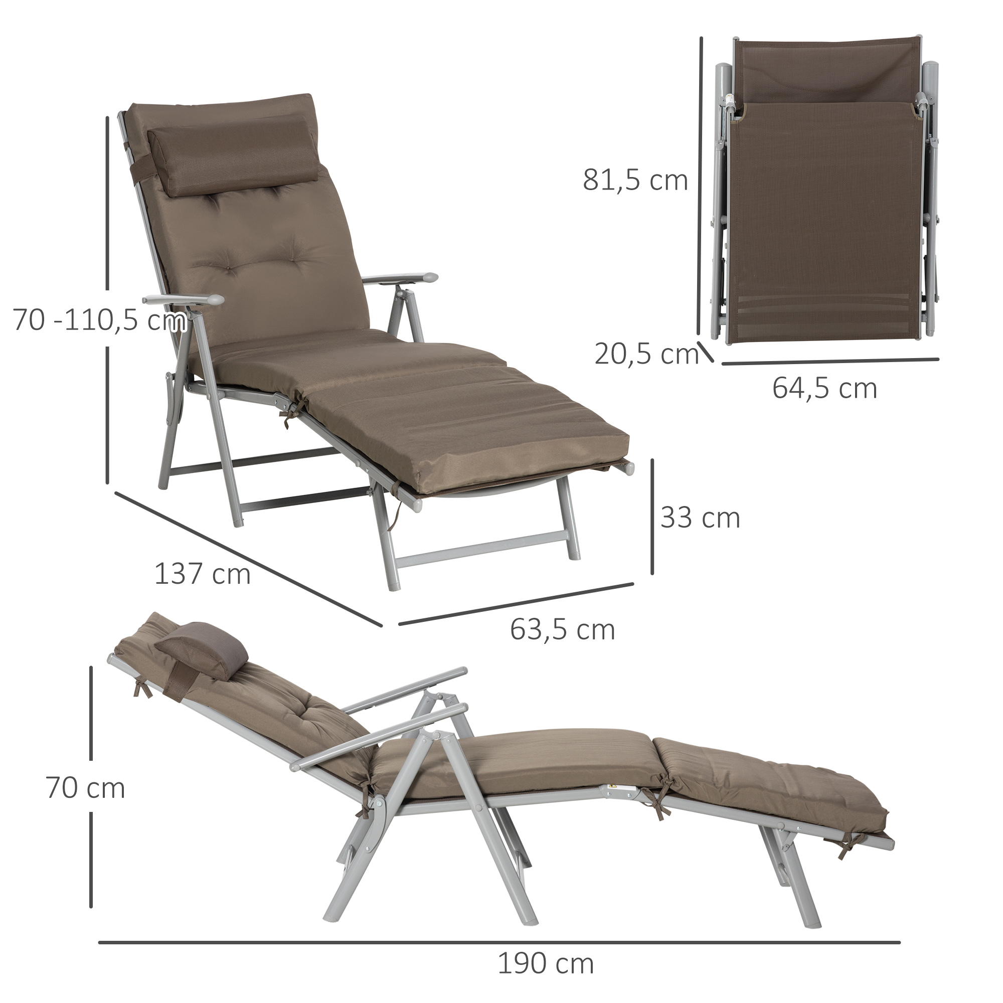 Outsunny Inklapbaar Ligbed Tuin Metalen Frame, Comfortabele Ligstoel Met Kussens, bruin