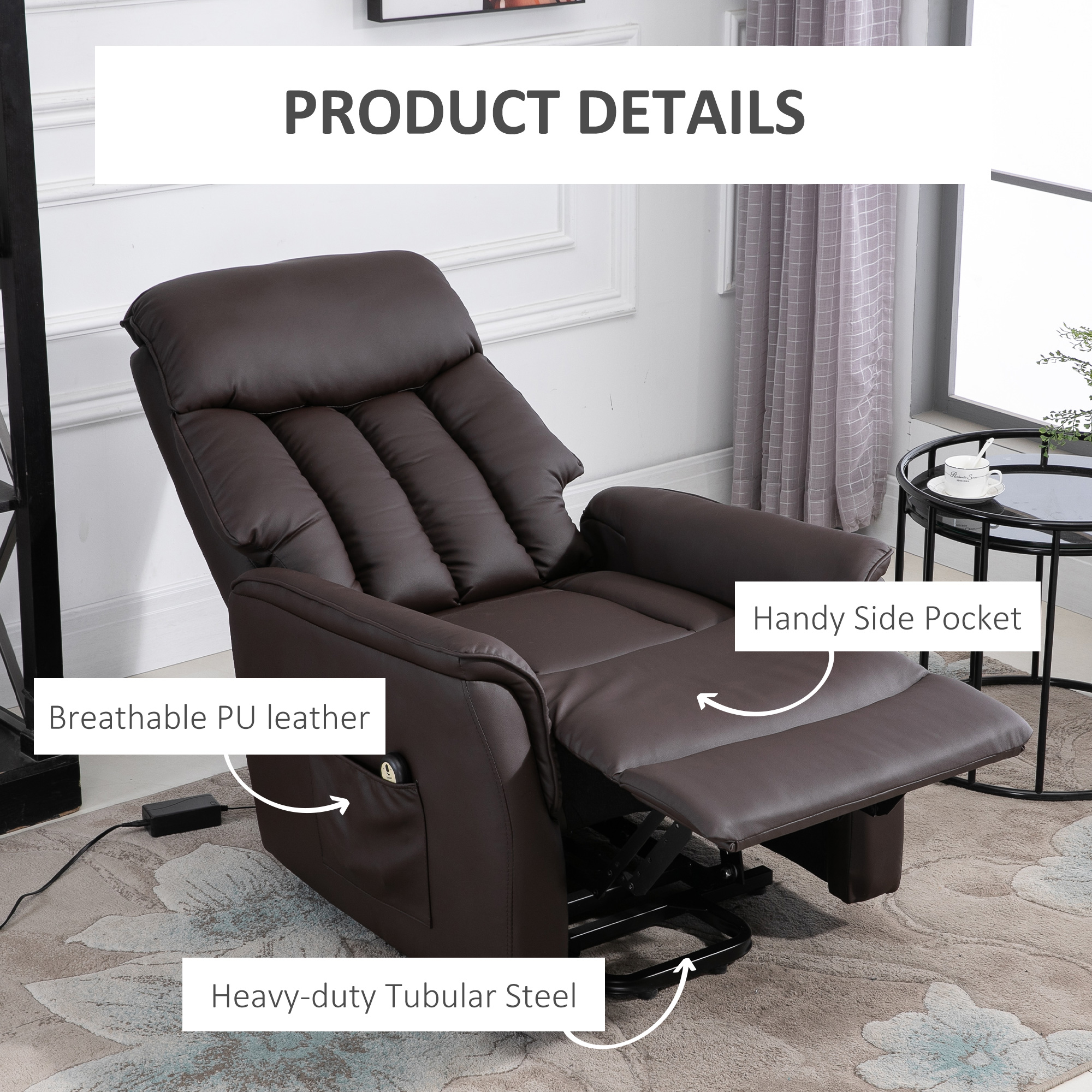 HOMCOM opstastoel tv-stoel met opstahulp elektrisch ligfunctie PU bruin, 80 x 94 x 104 cm bruin, 80 x 94 x 104 cm | Aosom.nl