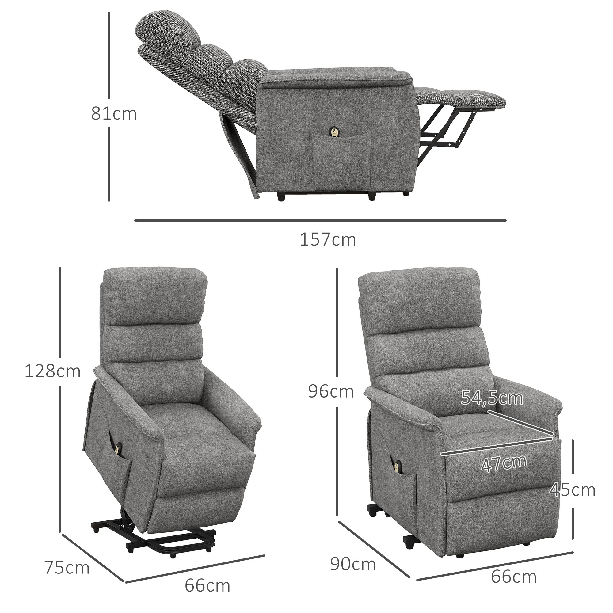 HOMCOM Relaxfauteuil met Elektrische Opstaanondersteuning, Verstelbare Rugleuning/Voetensteun, tot 120 kg, 66x90x96 cm, Grijs