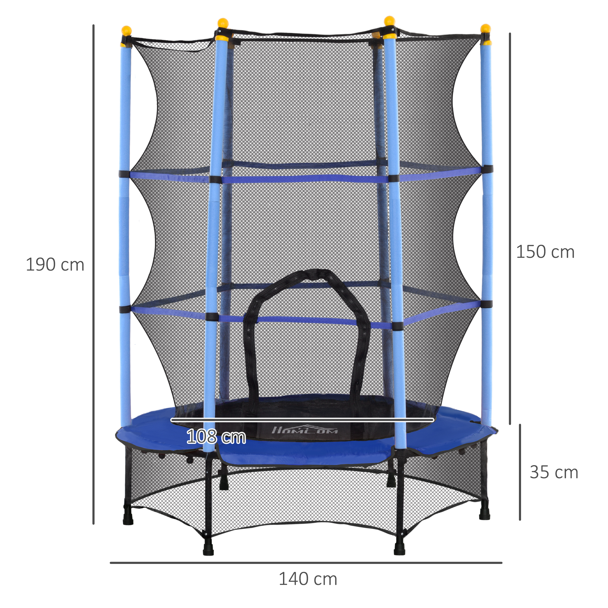 HOMCOM Kindertrampoline, Ø140 cm, met Veiligheidsnet, Binnen en Buiten, Staal, Kunststof, Tot 50 kg Belastbaar, Blauw