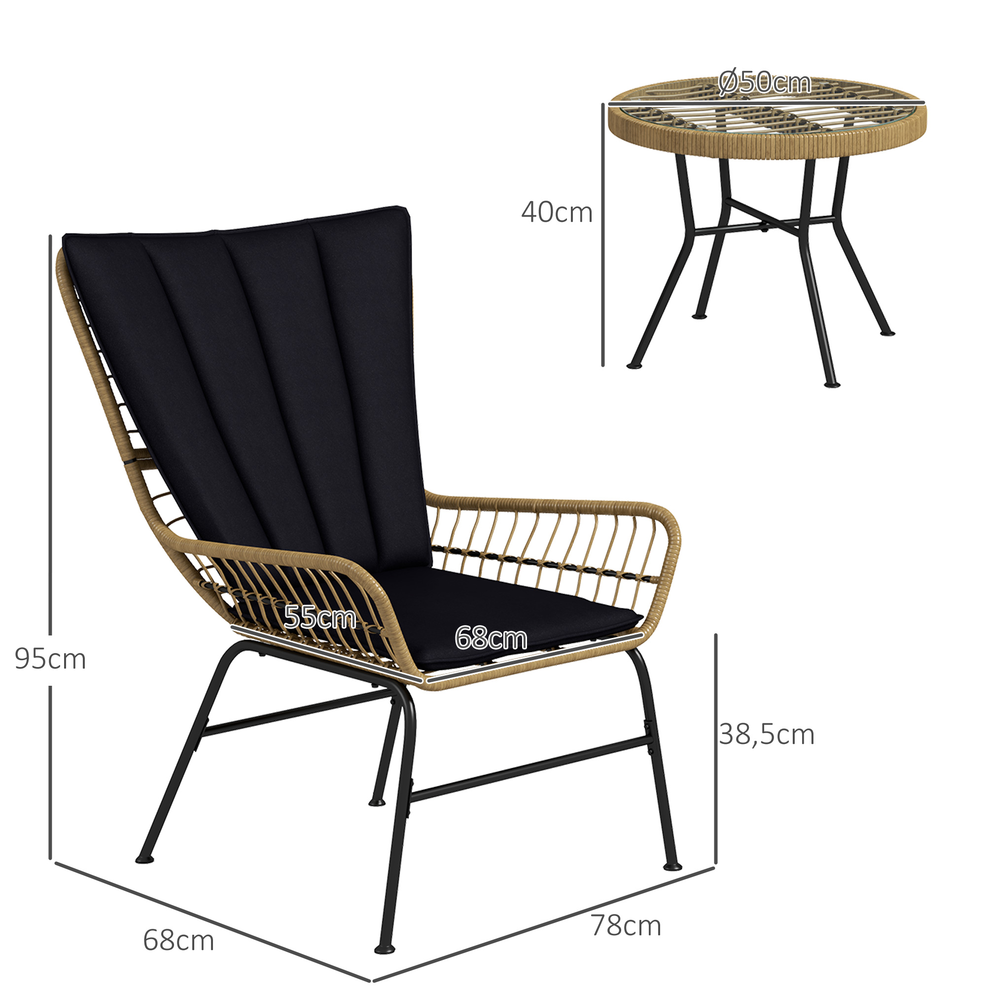 Outsunny Bistroset Balkonmeubelset, Boho-stijl, weerbestendig, 78 x 68 x 95 cm, Zwart