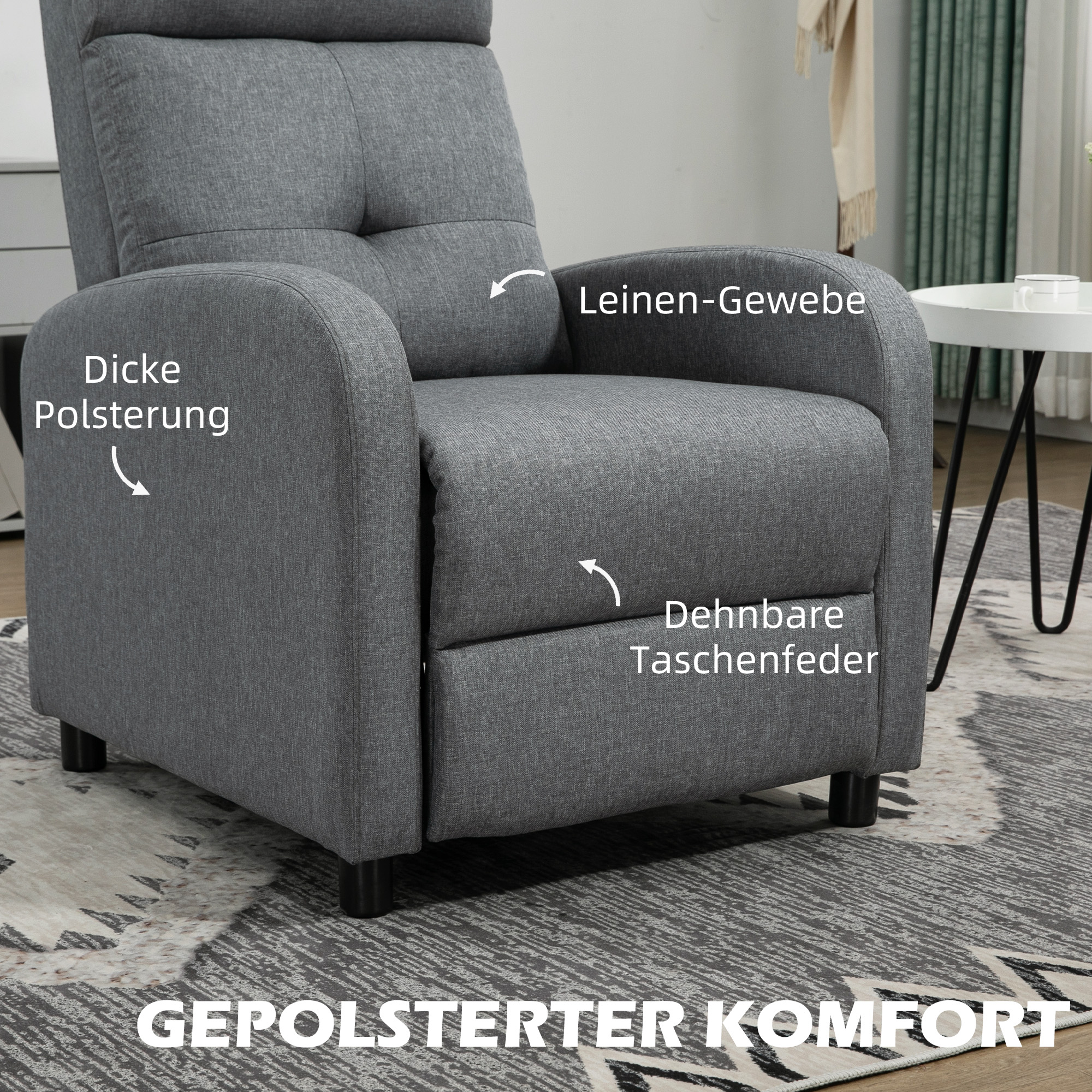 HOMCOM Relaxstoel met Ligfunctie, Uitschuifbaar Voeteneind, Pocketvering, tot 150 kg, Grijs