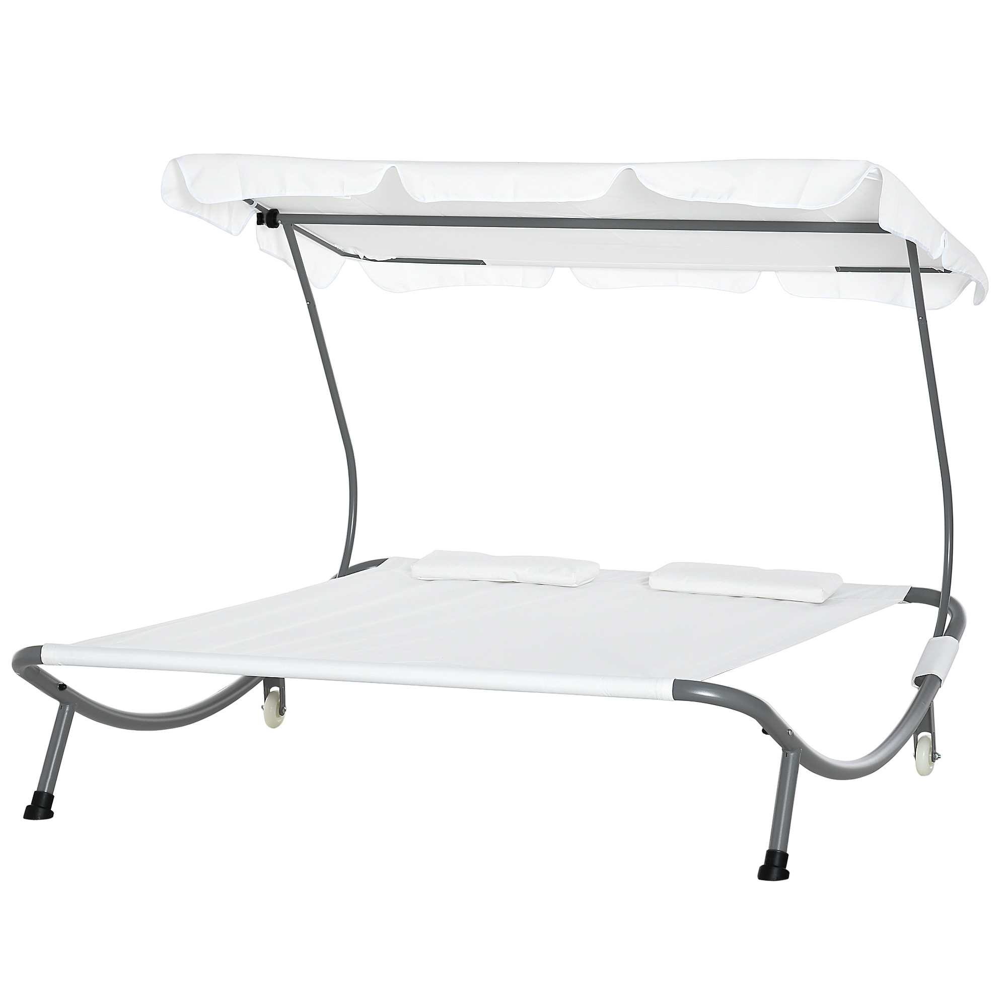 Outsunny Doppelliege Sonnenliege Relaxliege mit Sonnendach rollbar Stahl Cremeweiß/Grau