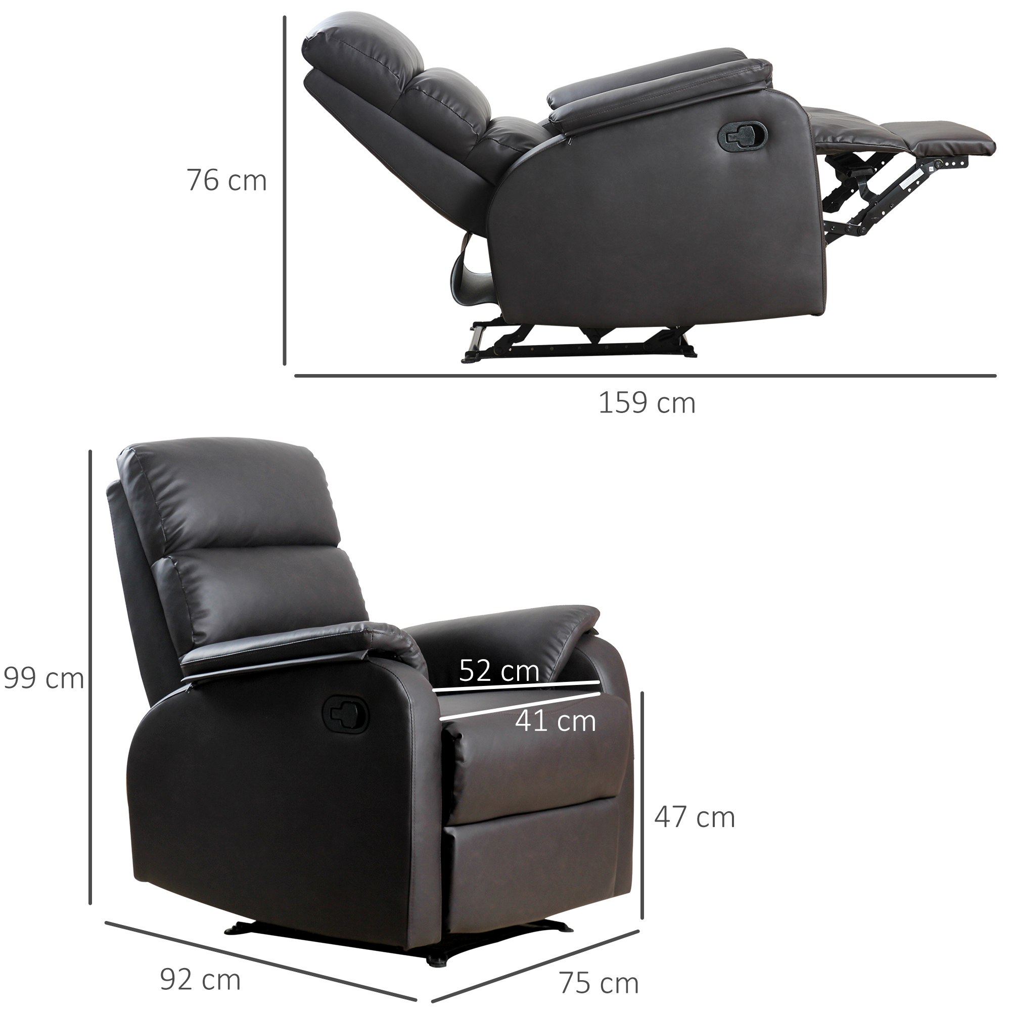 HOMCOM relaxstoel tv stoel bank stoel ligstoel verstelbaar ergonomisch kunstleer staal bruin + zwart 75 x 92 x 99 cm