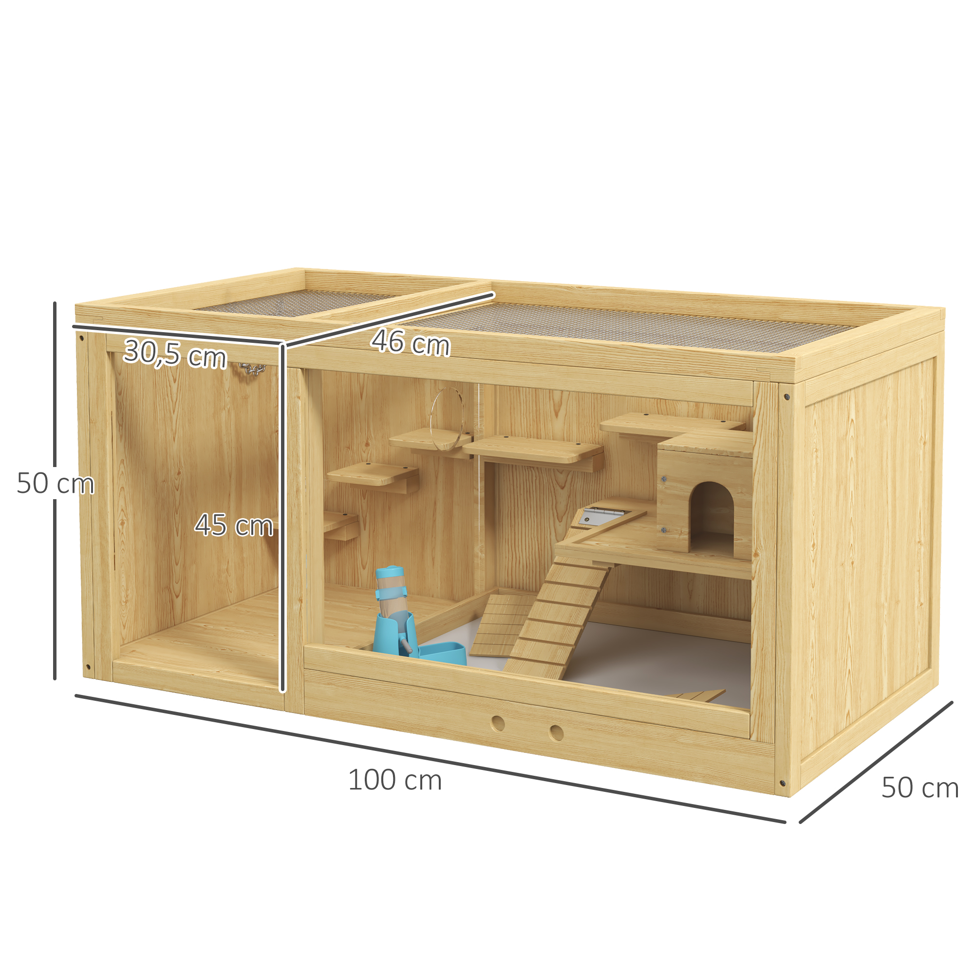 PawHut Knaagdierkooi, Sparrenhout, inclusief accessoires en drinkfles, 100 x 50 x 50 cm, Natuurlijk