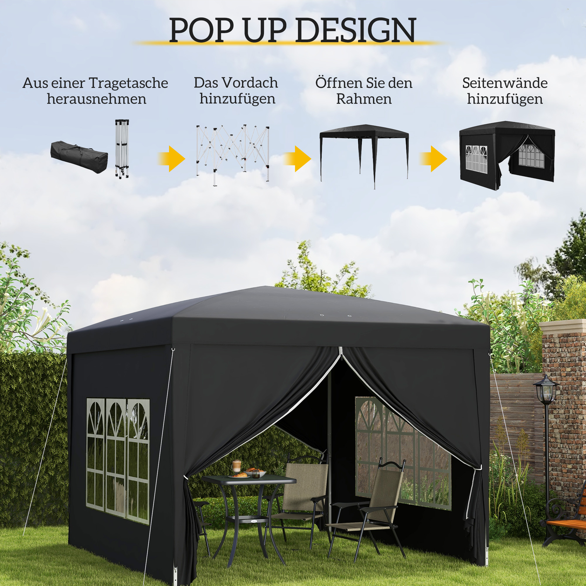Outsunny 3 x 3 m Paviljoen met 4 Zijwanden, Ramen, Feesttent met UV-Bescherming, Tuinpaviljoen incl. Draagtas, Staal, Zwart