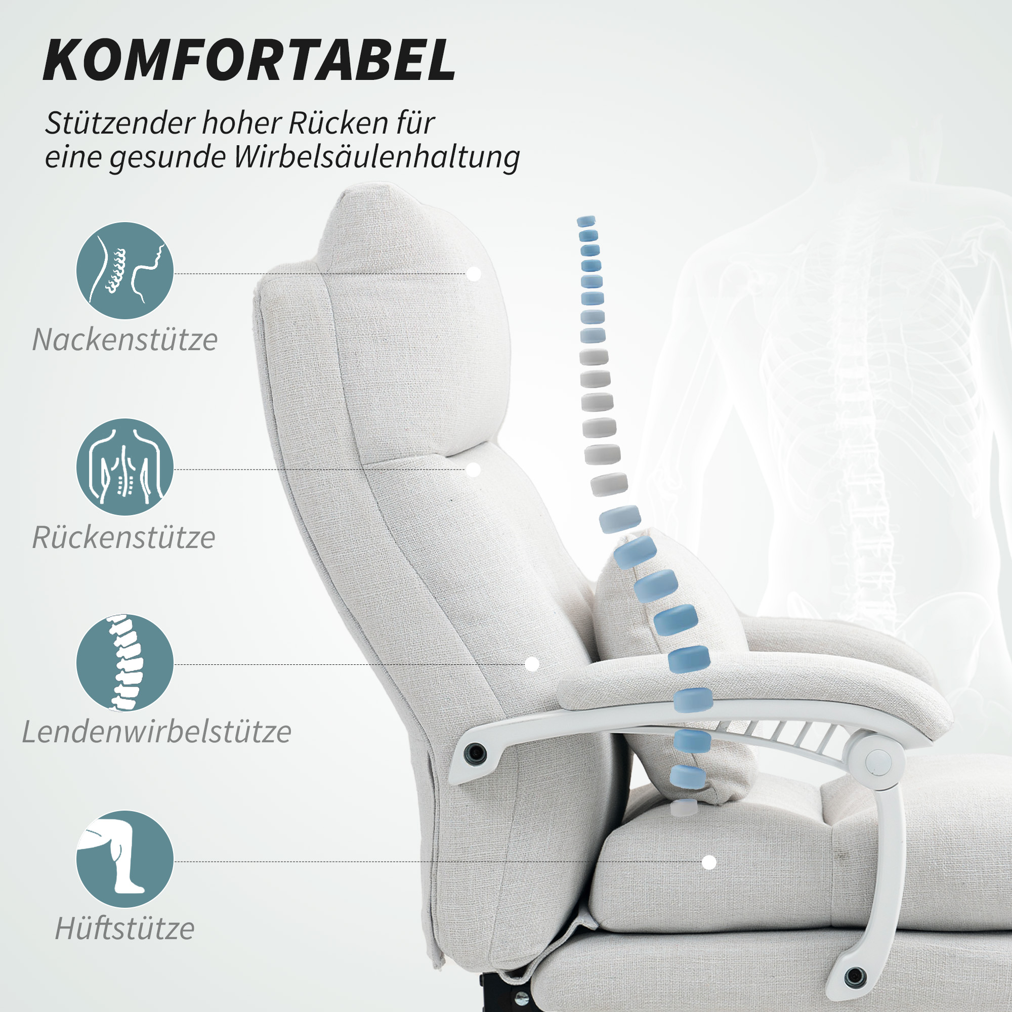 HOMCOM Draaistoel, Linnenlook, Hoogteverstelbaar, 160 Graden Kantelbaar, Voetsteun, Crèmewit