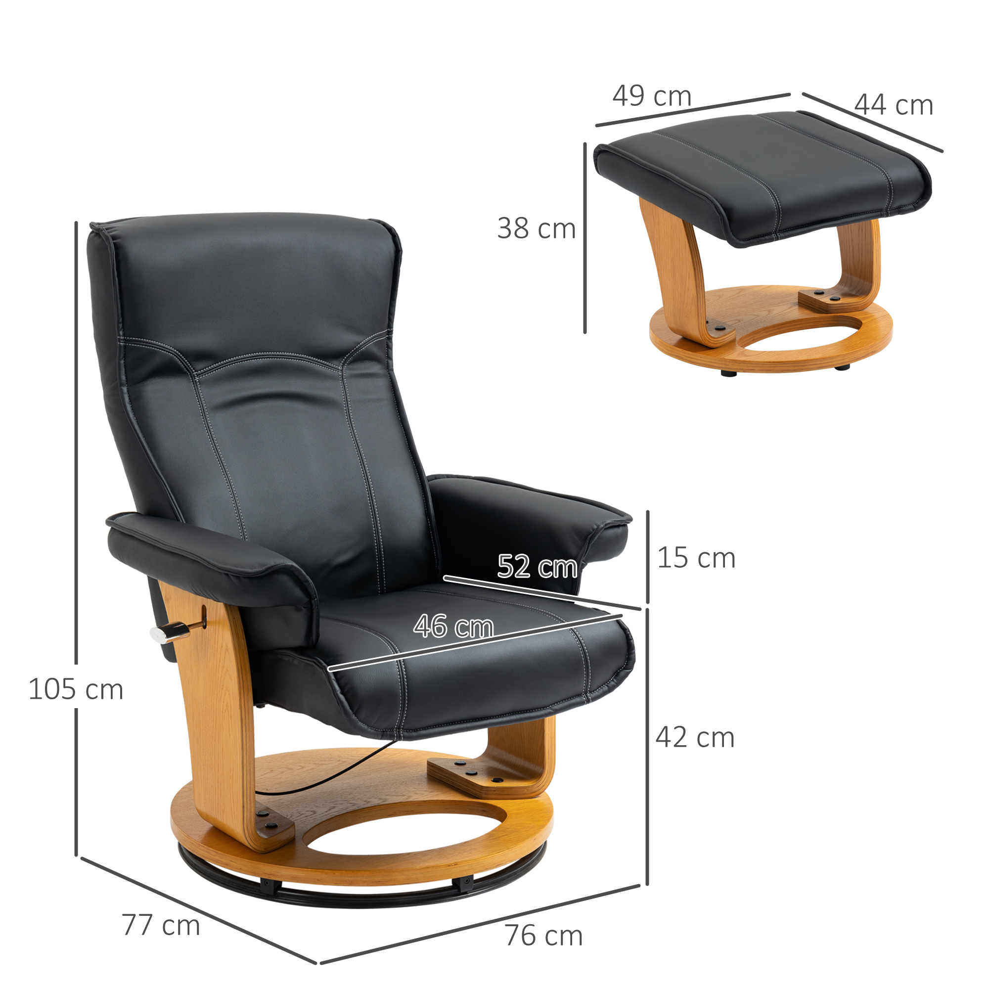 HOMCOM Fauteuil met voetenbank, tv-stoel, fauteuil, verstelbare rugleuning, 360° draaibaar, zwart+bruin