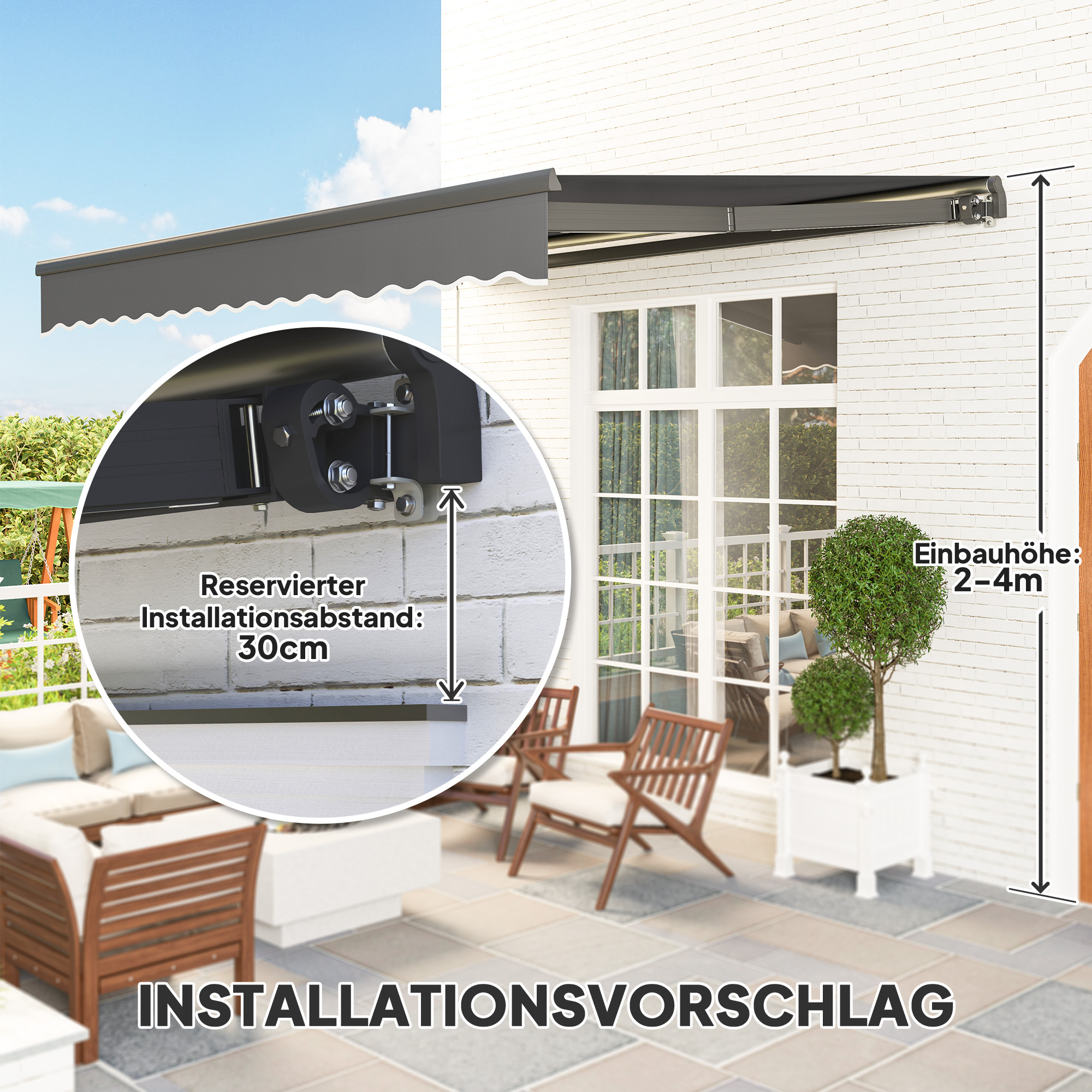 Outsunny Uitschuifbare Luifel met Handkruk en Zonne-energie LED-licht UV 50+ 400 cm breed Grijs