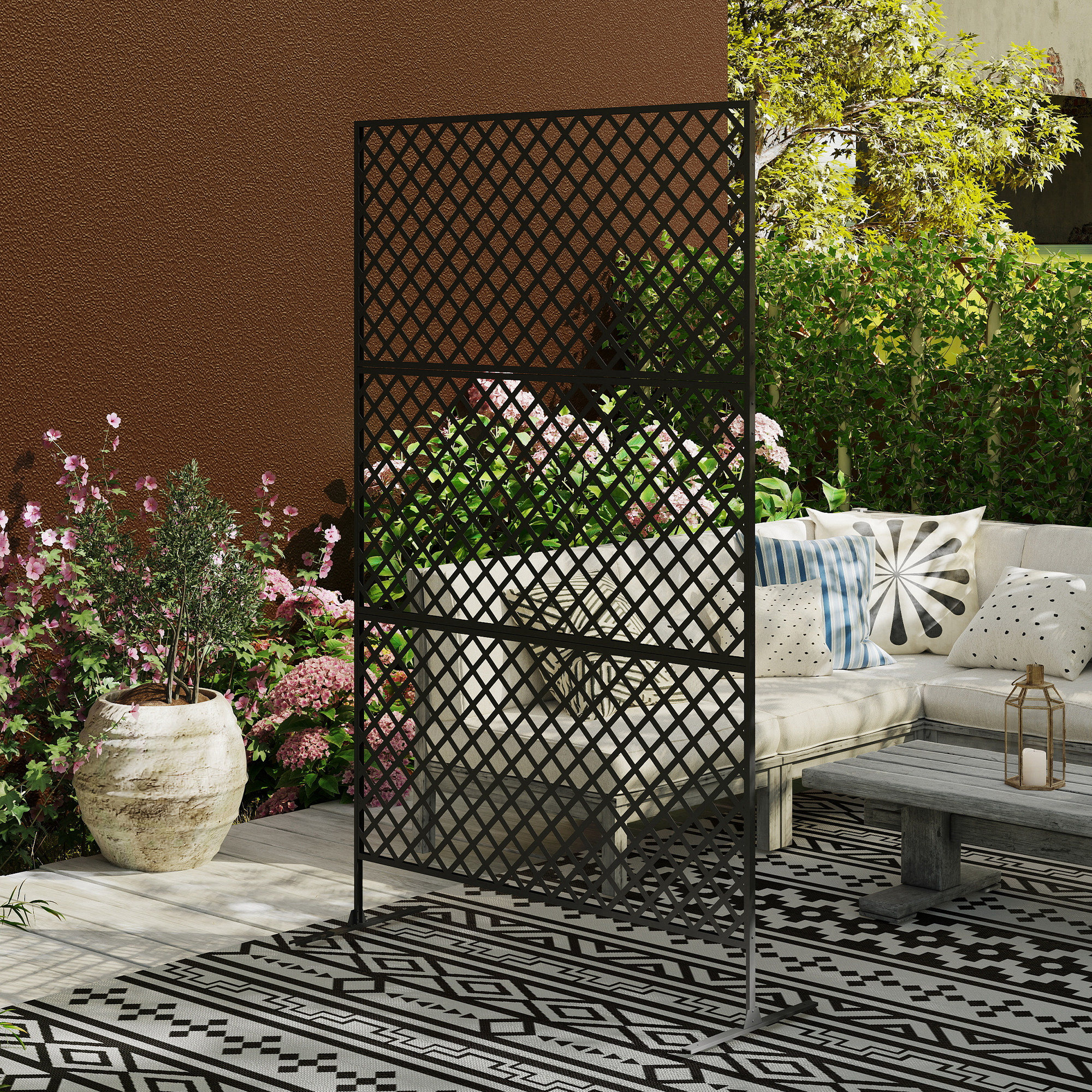 Outsunny Buitenruimteverdeler, Metalen Schermmuur voor Terras, Veranda, Tuin, Vrijstaand Klimrek, Staal, Zwart