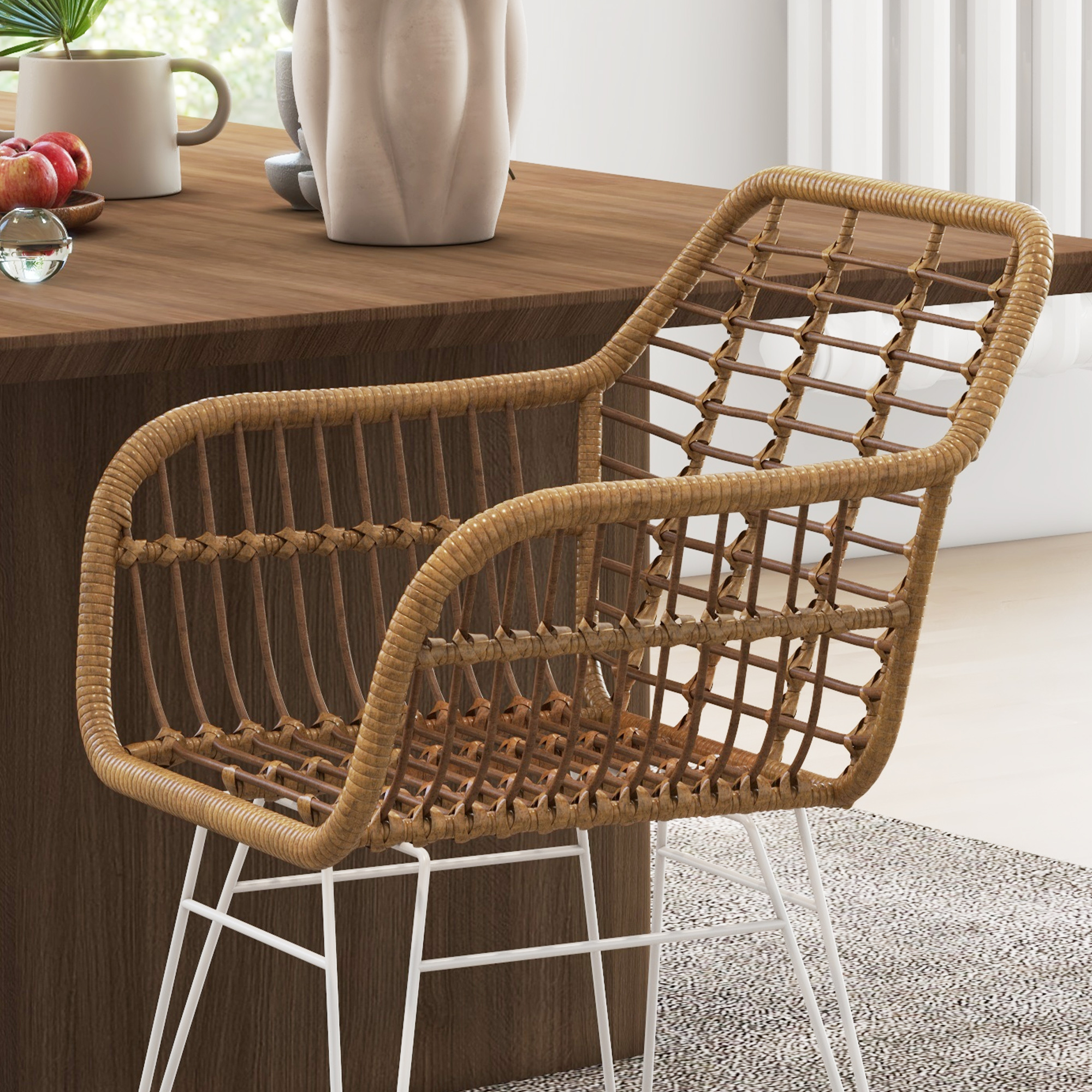 HOMCOM 2-delige set stoelen in Boho-stijl, keukenstoelen, PE-Rattan, 56 x 60 x 79 cm, Natuur + Wit