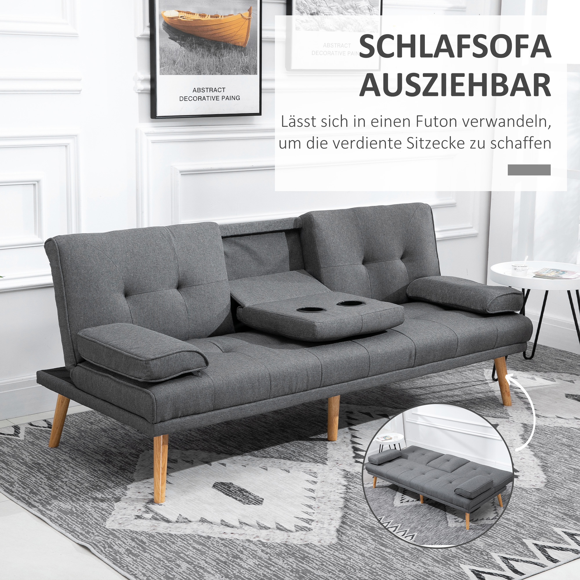HOMCOM Slaapbank in Scandinavisch design, 3-zitsbank, 2 kussens, Grijs + Natuur