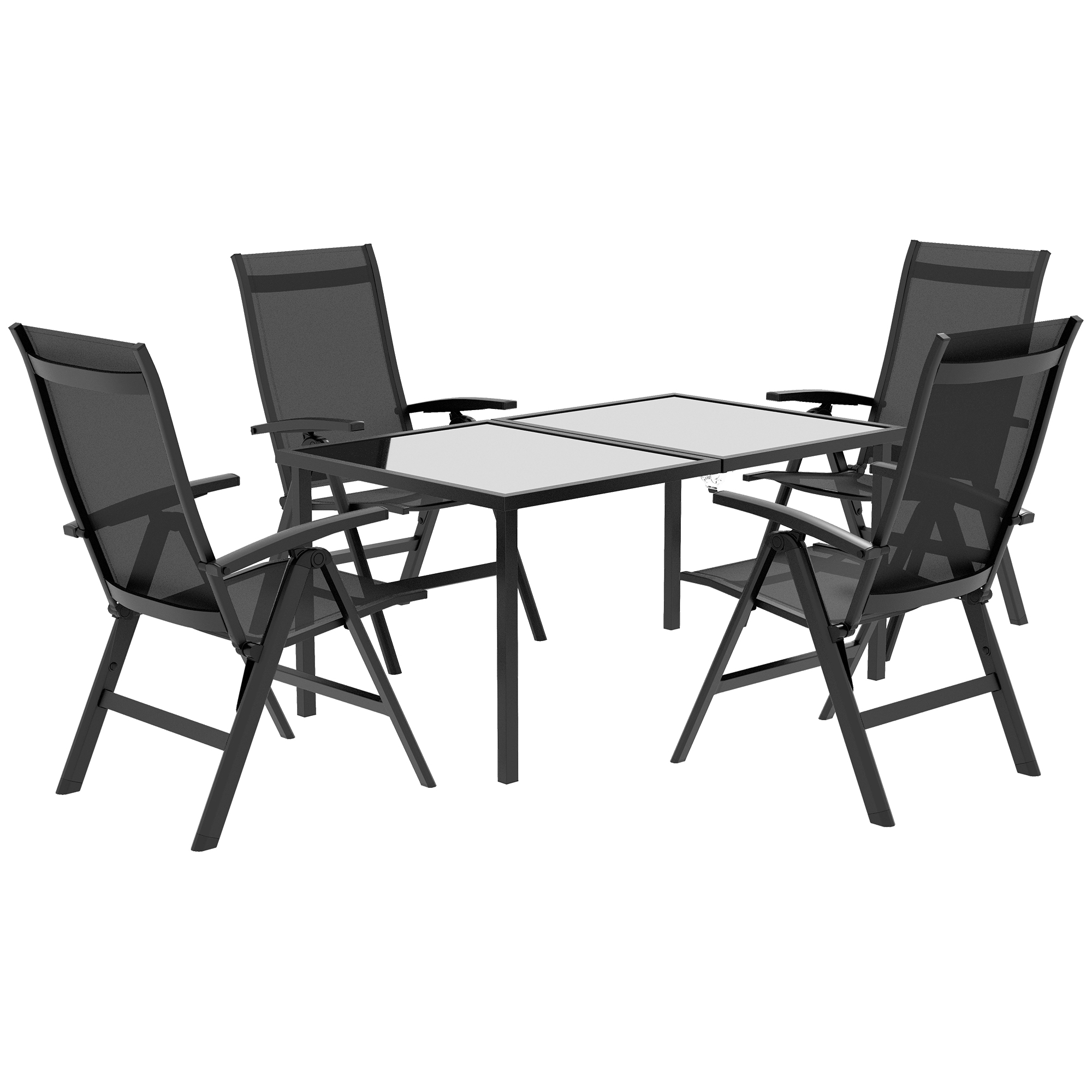Outsunny Tuinset voor buiten, 4 inklapbare stoelen, tafel met glazen blad, verstelbare rugleuning, aluminium, donkergrijs