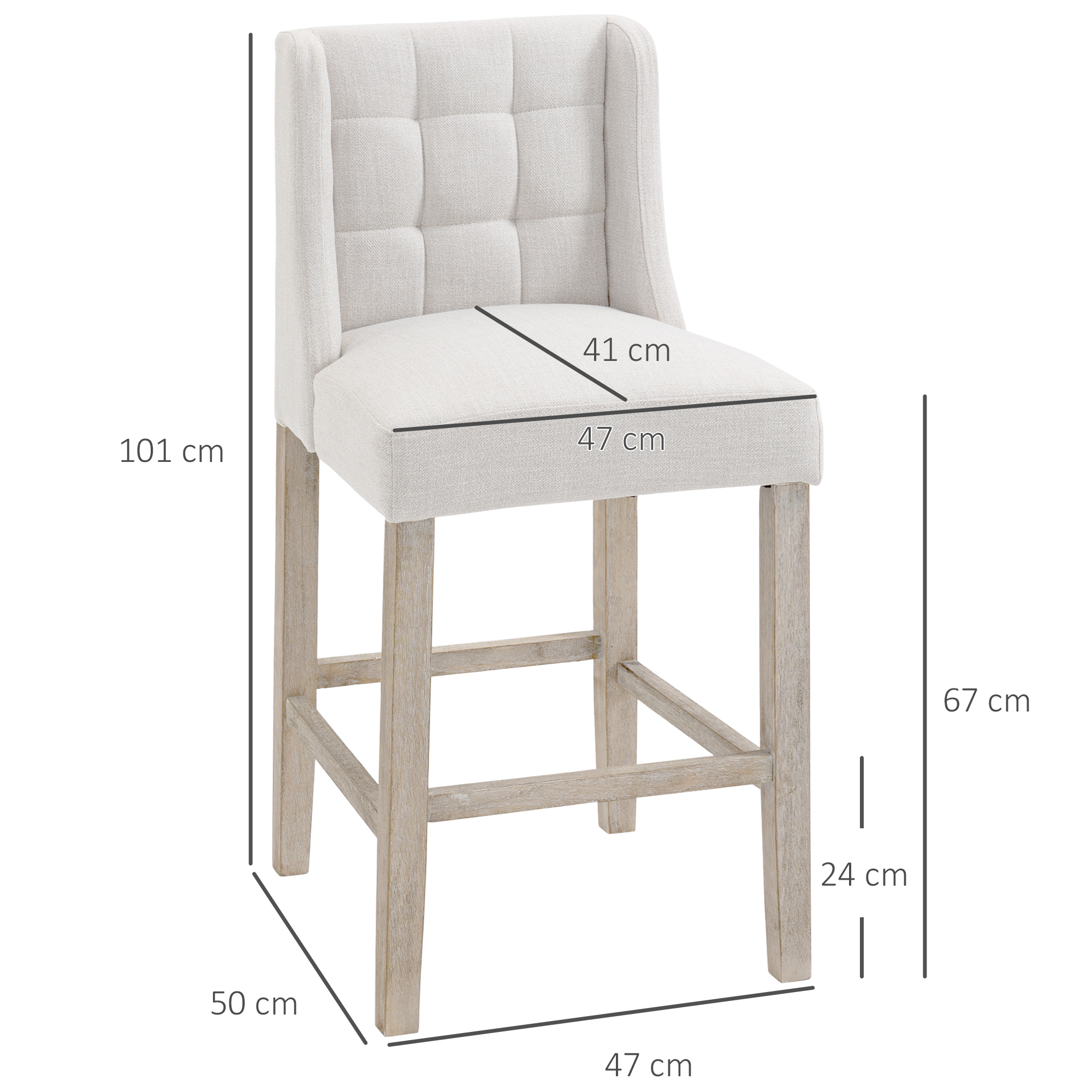 HOMCOM set van 2 barkrukken moderne keukenstoelen barkrukken voor keuken met lage rugleuning linnen touch rubberhout beige 47 x 50 x 101 cm