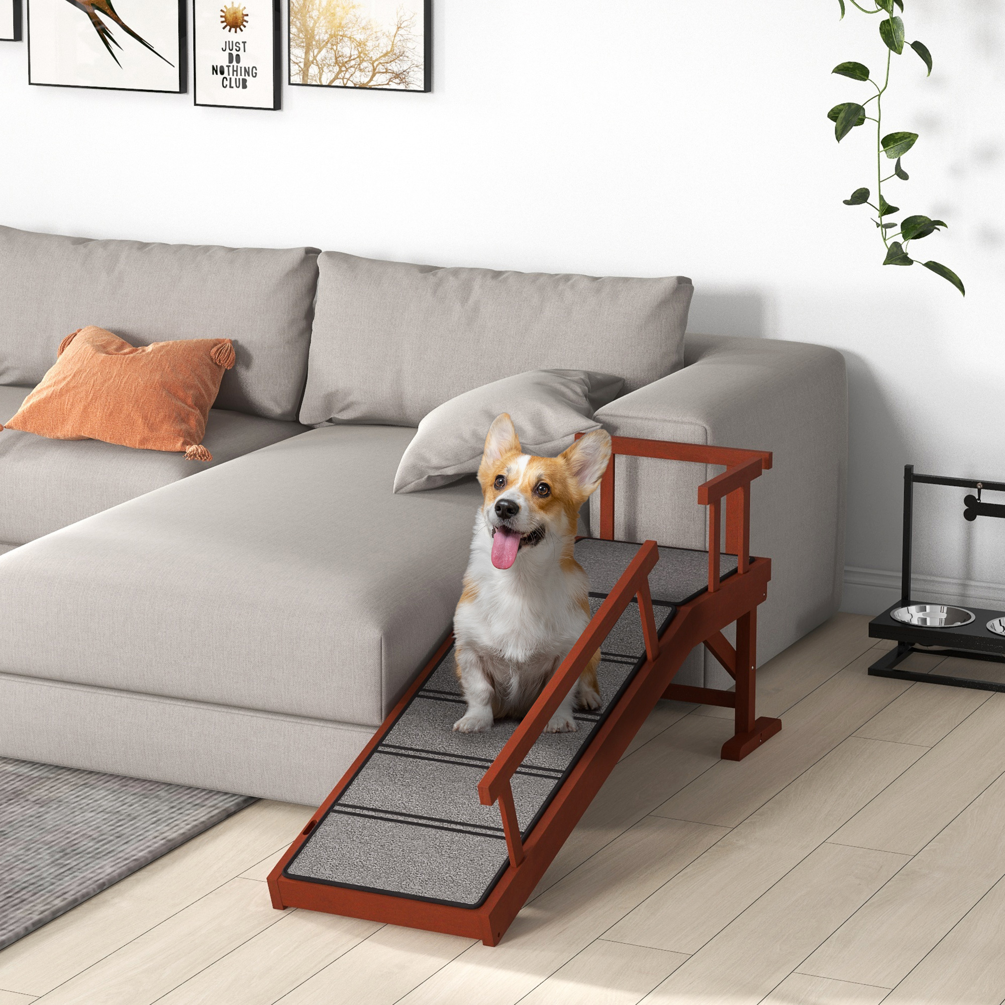 PawHut Huisdierloopplank, Afneembare Leuningen, Antislip, Grenenhout, tot 30 kg, 125x40x56cm, Bruin/Grijs