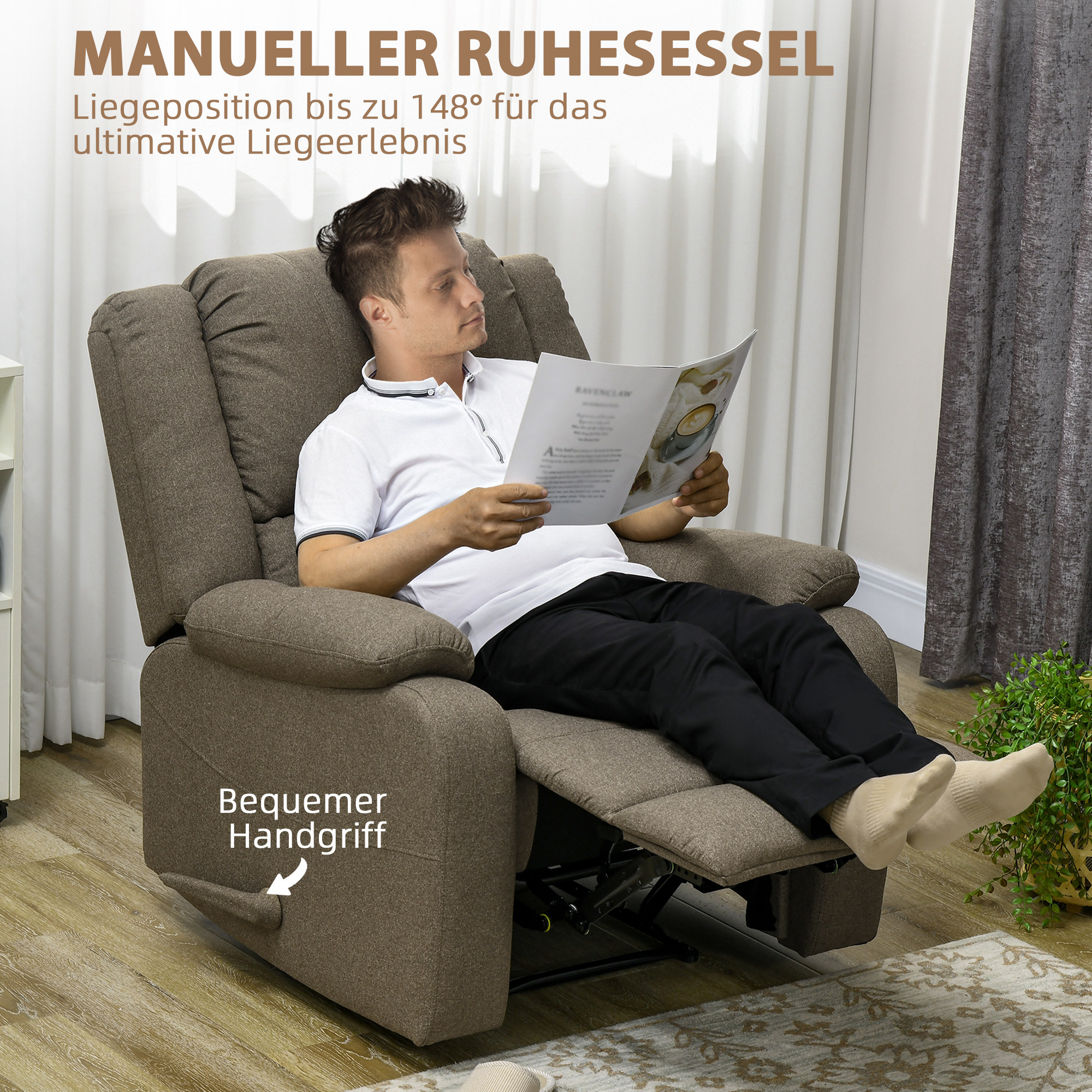 HOMCOM Relaxfauteuil met Ligfunctie en Voetsteun, Verstelbaar, Tot 150 kg, Stalen Frame, 90 x 96 x 98 cm, Bruin