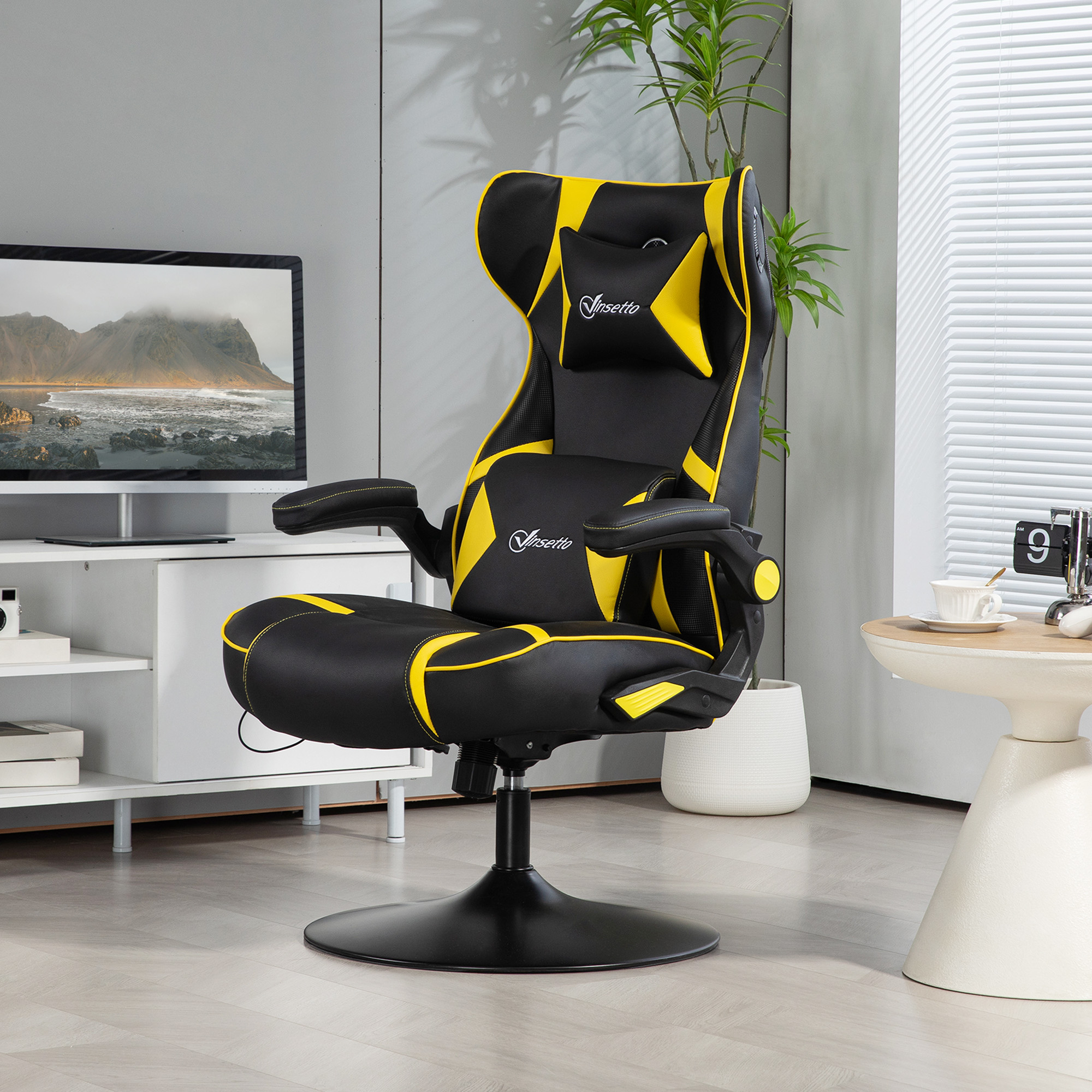 Vinsetto Gaming Stoel met Schommelfunctie en Luidspreker, Lenden- en Neksteun, voor Spelkamer, Kunstleer, Geel+Zwart